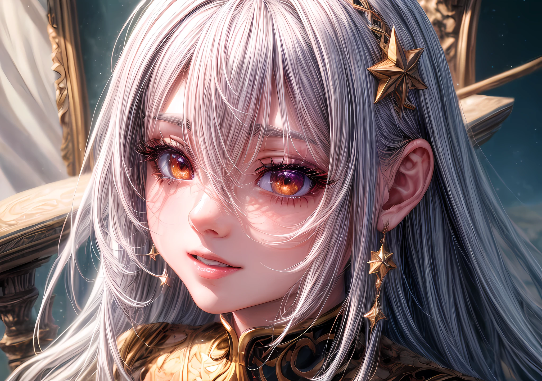 Girl looking at the camera with beautiful red eyes and an attractive smile, mouth open, White Teeth, Cute little nose, Beautiful ears, white colored hair, Stars in her fixed eyes, breathtaking rendering, extreme closeup, Sweet girl, attractive anime girl, beautiful anime girl, Cute beautiful anime woman, detailed digital anime art, beautiful anime girl, beautiful anime girl, Anime with small details, Best Quality, Masterpiece, Ultra-detailed, Beautiful, hight resolution, Original,CG 8K ультрареалистичный, perfect artwork, beatiful face, Face Clean, Skin, hyper realistic, Ultra Detailed, A detailed eye, dramatic lighting, (Realistic) Realistic, Full HD, Best Quality, Best Quality, Beautiful lighting, (8k wallpaper of extremely detailed CG unit), High Details, sharp-focus, The art of dramatic and photorealistic painting, beautiful smile, Incredibly detailed face, hyper detailed face, A face with a lot of detail, Perfect nose, gorgeous smile, A star in the eye, Perfect eye shadow, wink, Hyper-Detailed Eyes, Hyper-detailing of eyebrows, Hyper-detailed eyelashes,