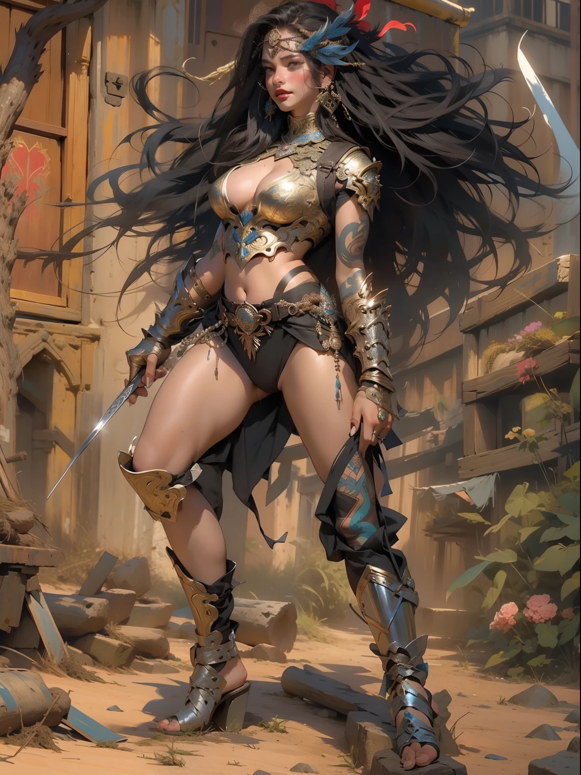(((mulher))), (((melhor qualidade))), (((obra prima))), (((adulta))), Uma guerreira mulher de 35 anos com corpo perfeito, Brooklyn Gladiators, (( under boobs )), quase nua no estilo selvagem urbano de Simon Bisley para a capa da revista Heavy Metal, cabelo loiro, Minimum clothing, ((( sexy ))), armadura, cheio de pontas e rebites, tatuagem tribal, (((do joelho pra cima))), cabelo desalinhado