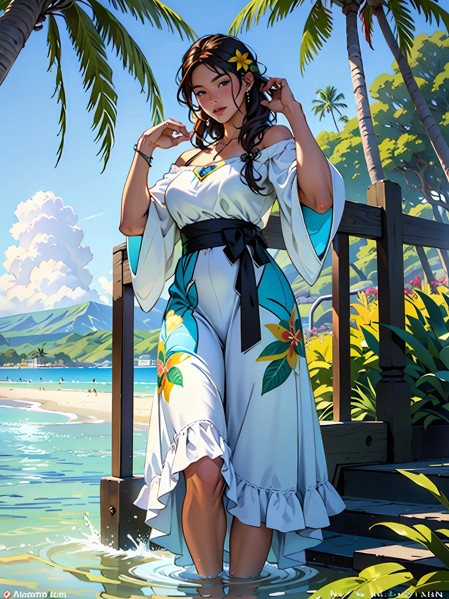 Hawaii Lahaina burning, painting from the water view, stile by christian lassen, Best quality, realistic, award-winning illustration in color, (complicated detail: 1.2), (fine detail) christian lassen stile