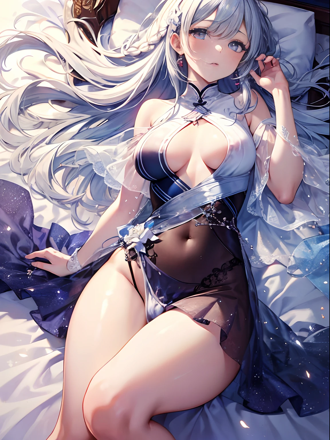 (((masterpiece)))、(((top-quality)))、((ultra-detailliert))、(illustratio)、((extremely delicate and beautiful))、A sexy、floating、Lilac head hair、(Detailed light) (1girl in)、、独奏、The long-haired、The wind is blowing、lying on the bed、an legs、lower back、NSFW、(Open your crotch)、(Masturbation)