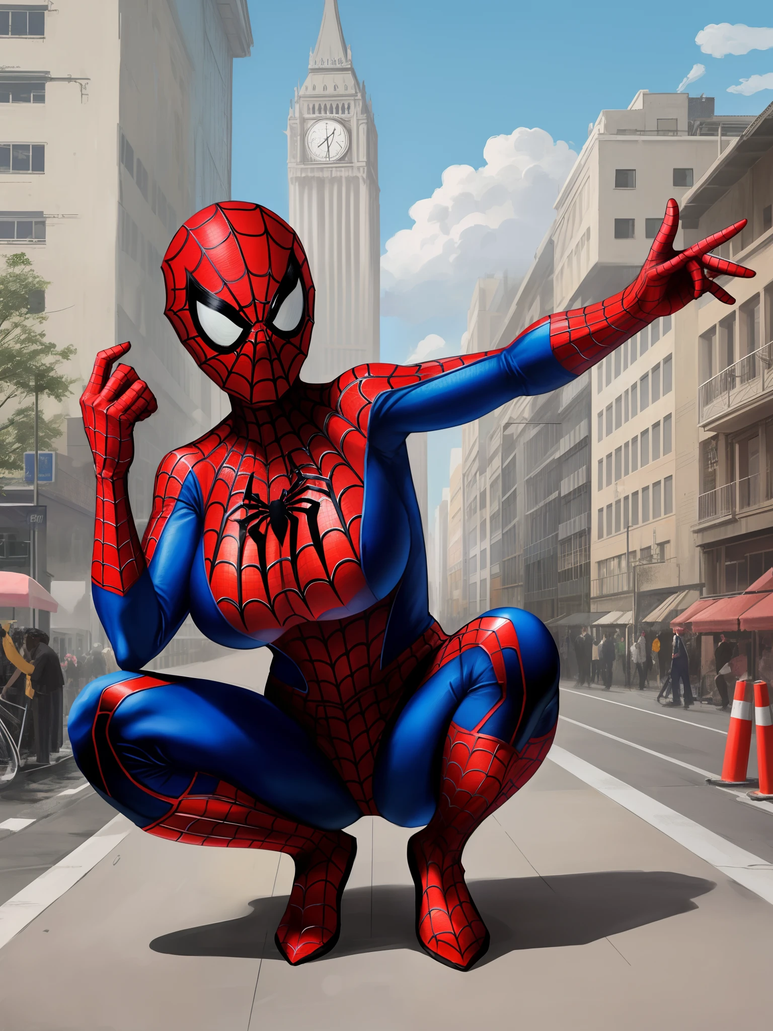 Beautiful woman detailed defined body using spider man cosplay，Huge breasts，with fair skin，ssmile，exquisite facial features，short detailed hair，Squat on the roof of a tall building