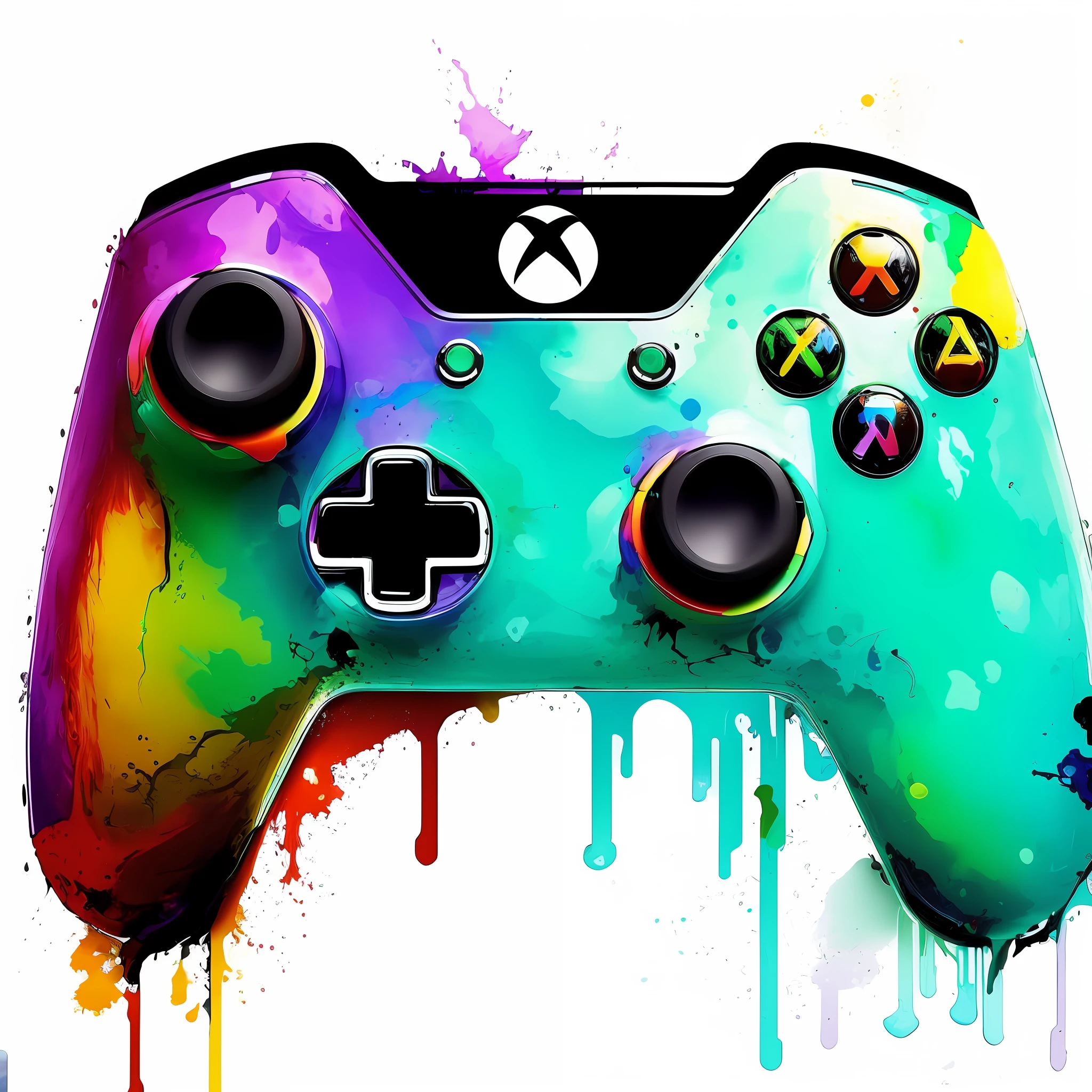 XBOX GAMEPAD, Foto RAW, ((8k)), controlador de videogame colorido brilhante com tinta borrifada no fundo branco, toxic drips, gotejamento de cores, Splatter, salpicos de cor, Inverted rainbow drip paint, arte digital de videogame, splatterpaint, gotejamento com cor, rainbow drip paint, controle de Videogame, Drivers, gotejamento de tinta, Splatter de tinta, Tema gamer, pingando tinta, Tonalidade do splatter, salpicos de cor
