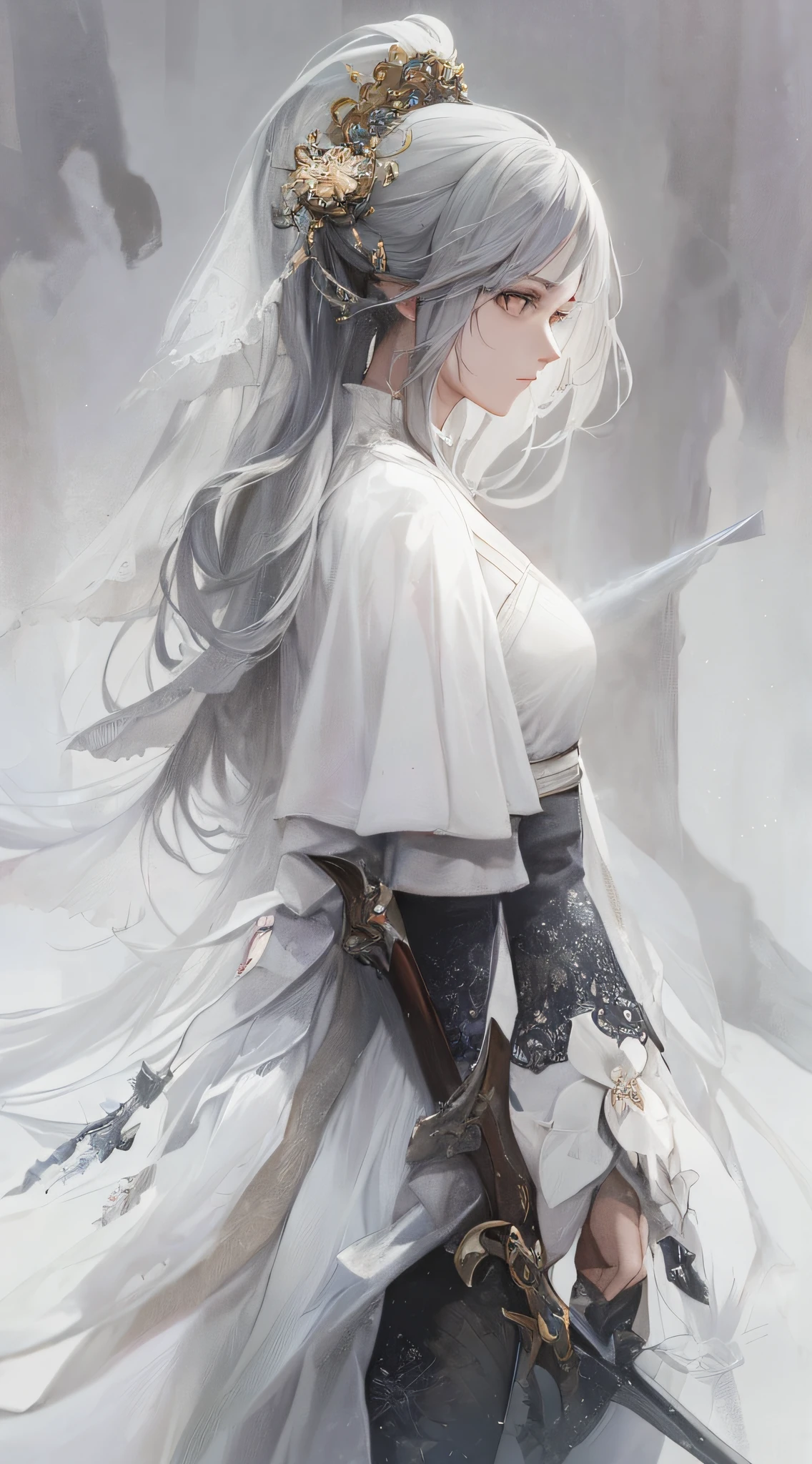 a close up of a woman with a sword in a white dress, a character portrait by Yang J, trending on cgsociety, fantasy art, beautiful character painting, artwork in the style of guweiz, guweiz, white hanfu, flowing white robes, full body wuxia, epic exquisite character art, stunning character art, beautiful female assassin