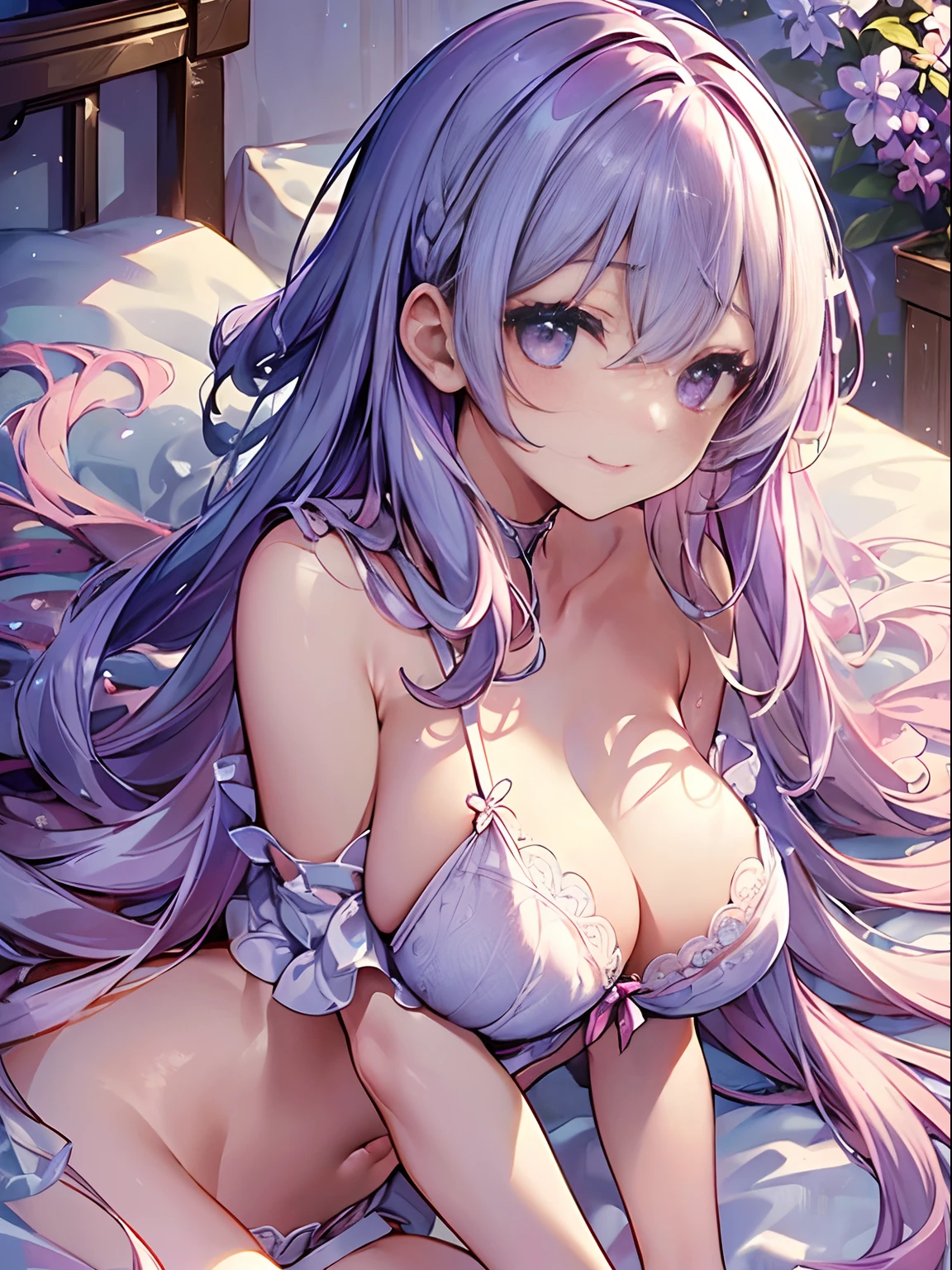 (((masterpiece)))、(((top-quality)))、((ultra-detailliert))、(illustratio)、((extremely delicate and beautiful))、A smile、floating、Lilac head hair、(Detailed light) (1girl in)、、独奏、The long-haired、The wind is blowing、lying on the bed、an legs、lower back、NSFW、Red Bra