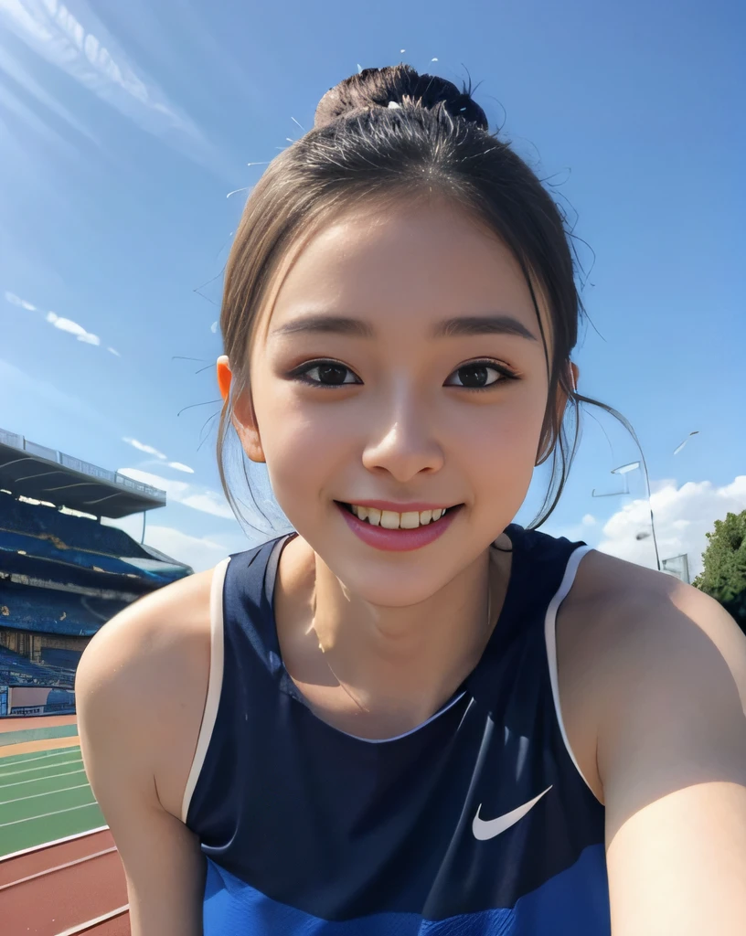 (((short-range、Long distance、Mass sweat)))、1 beautiful girl、wet body、((toru & Field Athletes Women))、(((1 persons)))、((Short-cut hairstyles))、((Stadium))、Transcendent Cute、A slight smile、Beautiful breasts、full body nudist、hairy armpits、athletic field、((Outstanding style))、((Healthy body))、sixteen years old 、Women in Japan、Photorealsitic、Beautiful detailed eyes、Hyper-Realism、highcontrast、Ultra HD、realistic skin textures、Top image quality、top-quality、超A high resolution、Fine details、Very meticulously, pubic hairy, full body photograph