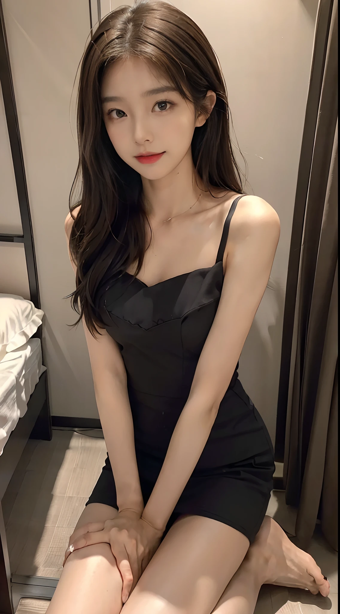 girl,Red lips,Smile,With hair down,Practical,Black dress,Lace neckline,City night scene,Half-length photo