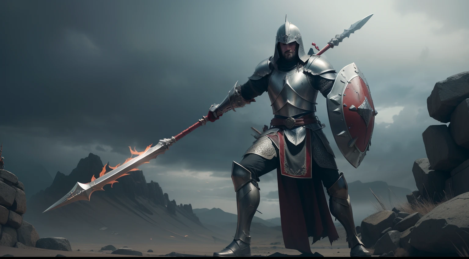 (spearman), ((armed with spear and shield)), spear, shield, long pike, full body, action pose, plate armor, standing on top of the skull pile, torn red cloak, wearing mace on the belt, low angle shot, burning hell background, gray overcast sky with a red tint, unity HDRP, unreal engine, raytracing, ultra detailed, masterpiece