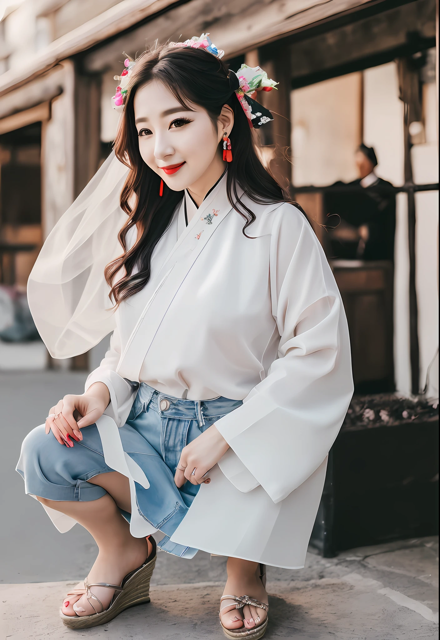 Delicate, masutepiece, Beautiful detailed, colourfull, Finely detailed,Detailed lips, Intricate details, (1 woman:1.1), (a gorgeous beautiful 30 age years old sexy korean woman:1.1),(Kpop Idol, Korean mixed), (Tied hair:1.1), (50mm Sigma f/1.4 ZEISS lens, F1.4, 1/800s, ISO 100, fotograpy:1.1), large full breasts,(Photorealistic:1.1), Solo, up looking_で_viewer, Tall lady, ,Happy smile, from a_front, earrings, slim_Legs, skinny, Thigh_the gap, Model, Lens Flare, Choker,(hanbok+See-through silhouette, Wedge Heel:1.3), korean commentary, Korean_Street, Korean_traditional_Duan,1boy, , crouching cowgirl, vaginal, POV,