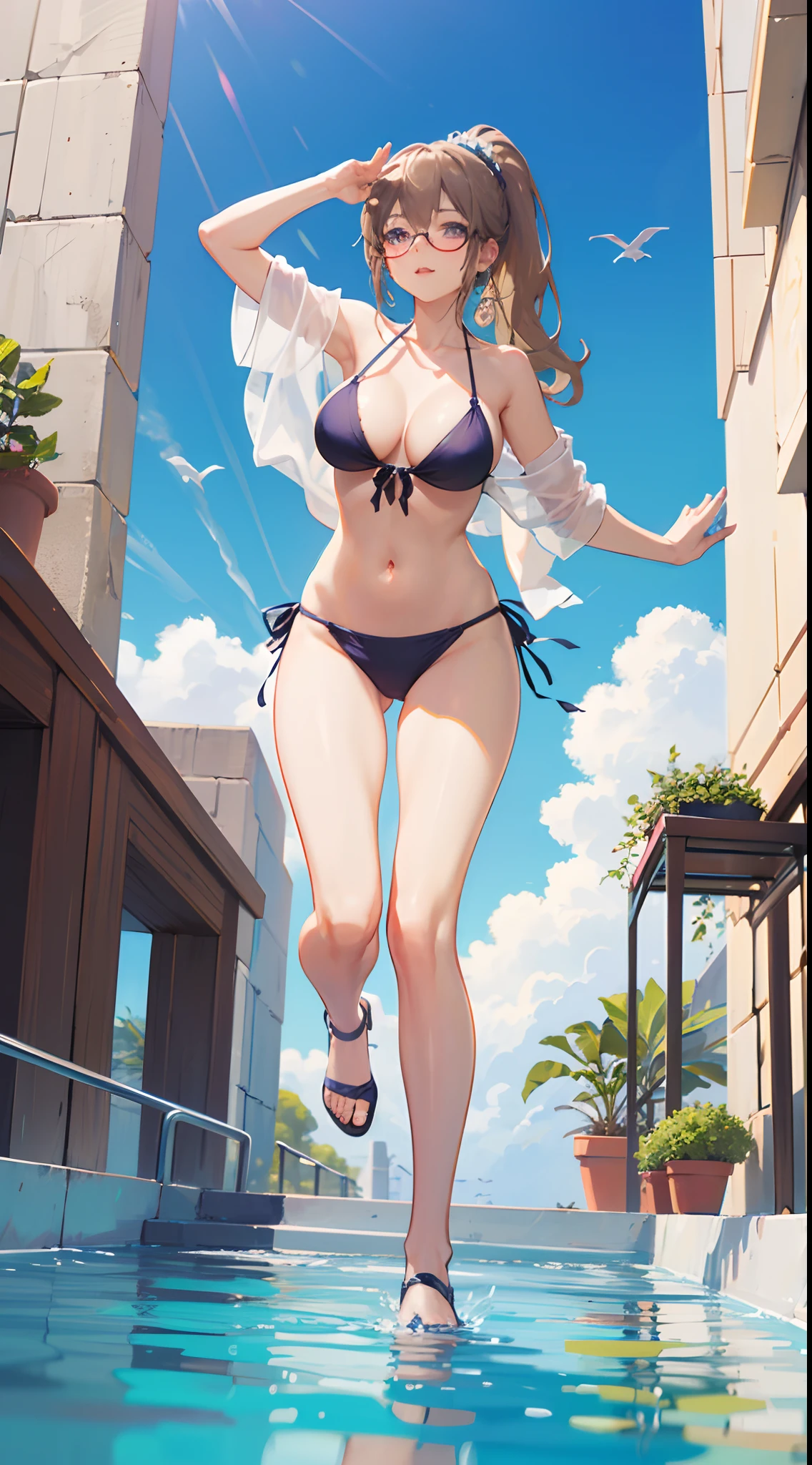 ((masterpiece)), ((best quality)), (ultra-detailed), ((kawaii)), cute, (lovely), ((sexy)), (ero), ((extremely detailed)), 4K, (8K), best quality, (beautiful), anime style, running, look up from below, focus on the face, full body focus, pool, beautiful sky, daytime, summer, a cute girl, 1girl, solo, bikini, beautiful light brown hair, beautiful purple eyes, ((beautiful eyes)), white-skinned, ponytail, large breast, glasses, earrings, triumphant look, smug look, self-satisfied look, shiny-glistening, gleaming