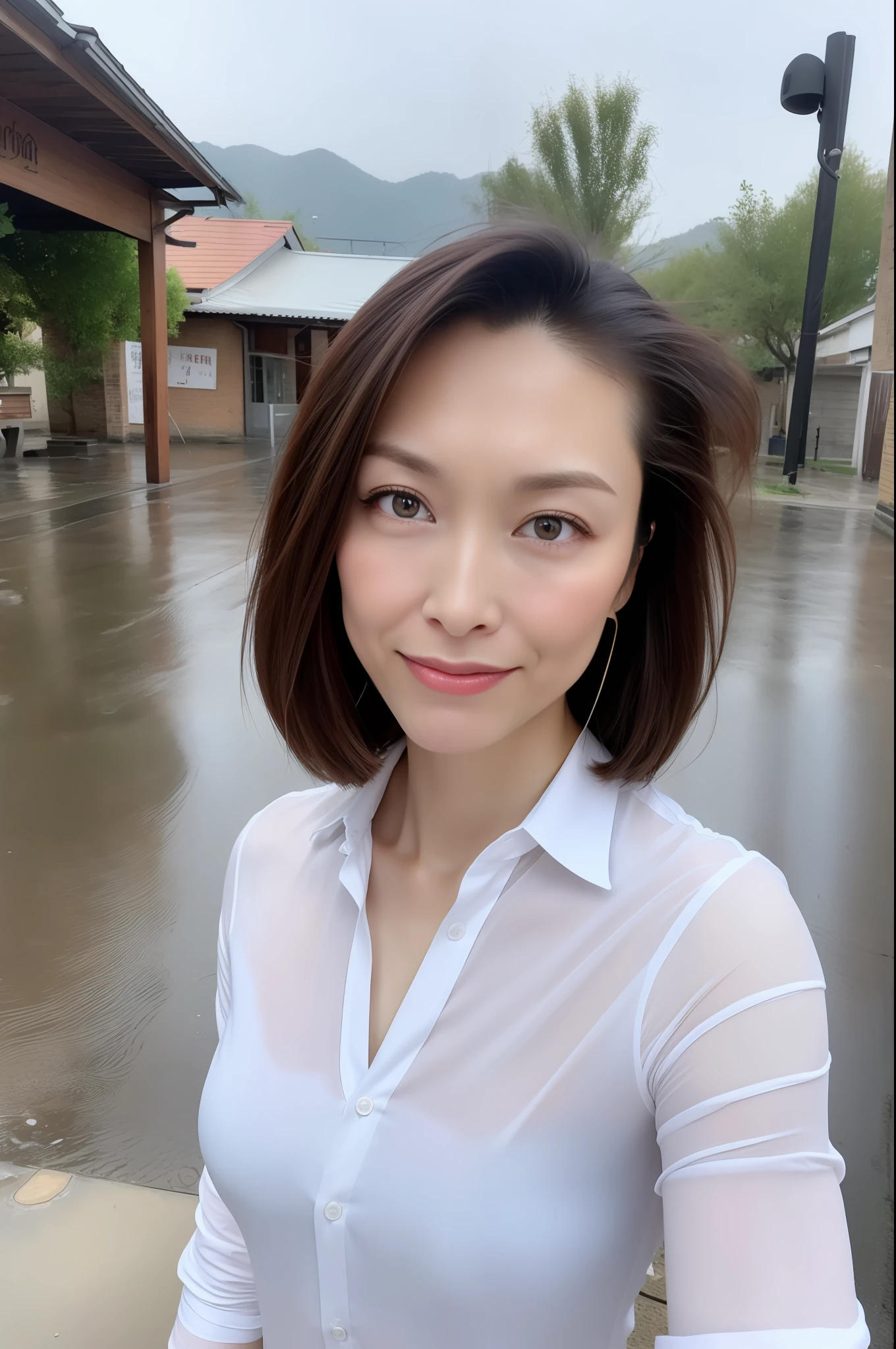 ((Best quality, 8k, Masterpiece: 1.3)), Sharp focus: 1.2, A beautiful woman with perfect body: 1.4, Slim abdomen: 1.2, ((Layered haircut, Large breasts: 1.2)), (no bra) (Small and beautiful hard nipple) (Thin and damp button up to shirt length: 1.1), (White shirt wet by rain), (Rain, Street: 1.2), Wet body: 1.1, Highly detailed face and skin texture, Detailed eyes, Double eyelid, tanned skin, sexy, tan, dark skin, tanned body, exposed shoulders, cleavage