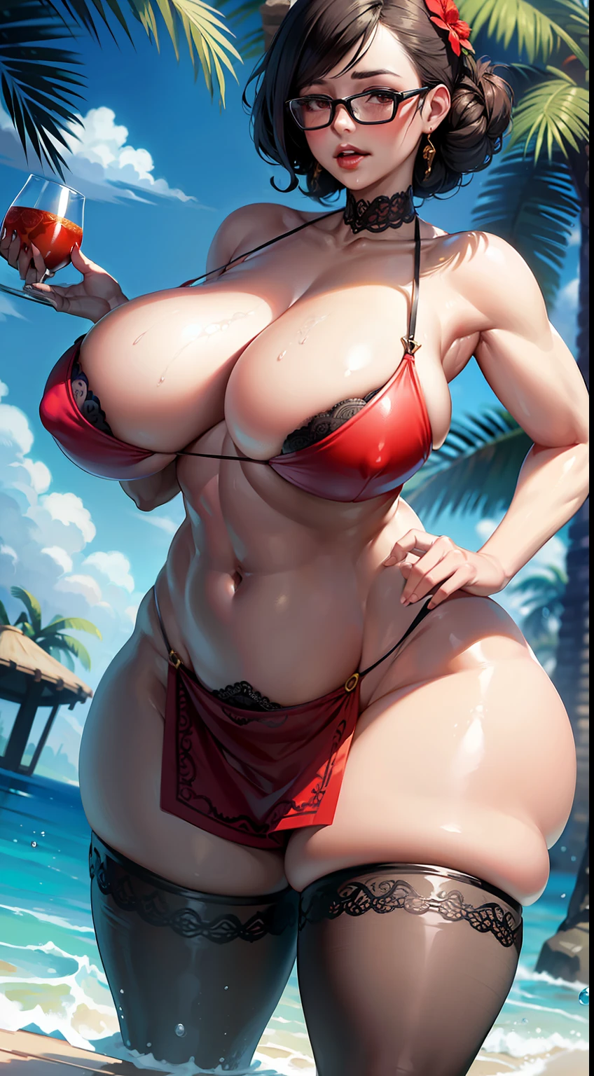 Hot mom,独奏,(:1.3),thick thight,upper legs,Wide buttock,dent in the skin,Double tail,short detailed hair,curlies,ssmile,cheerfulness,(Red lace apron:1.2),cparted lips,plumw,exposed midriff,protruding areolas,gigantic cleavage breasts,4K,realistic humid skin,Armpits,Large curved hips,a variety of poses,Stick out a very long tongue,Fleshy figure,with perfect legs,Hypertrophic,protruding areolas,Bronzed skin,Detailed lips,bubble butt,Dewy,mouth drool,Lick,Place your fingers between your legs,Hungry and thirsty housewives,erected,Wrinkles,Eyes look at the lens,A shy look,Blushing aunt,Two braids,Smooth skin,Very meticulous clothes,Intriguing set,extremly high detail,A detailed face,Gloss on lips,Bronze,Water's Edge,waterfallr,bonfires,super breasts,Feminine and colorful