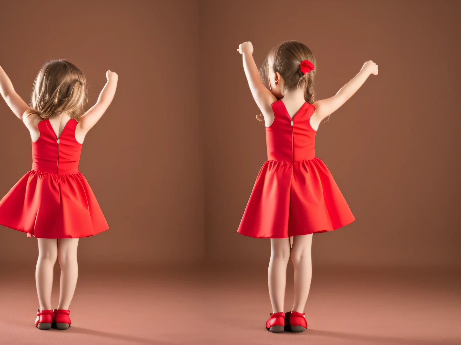 little girl, red dress, front side, stand up, look in front , open arms