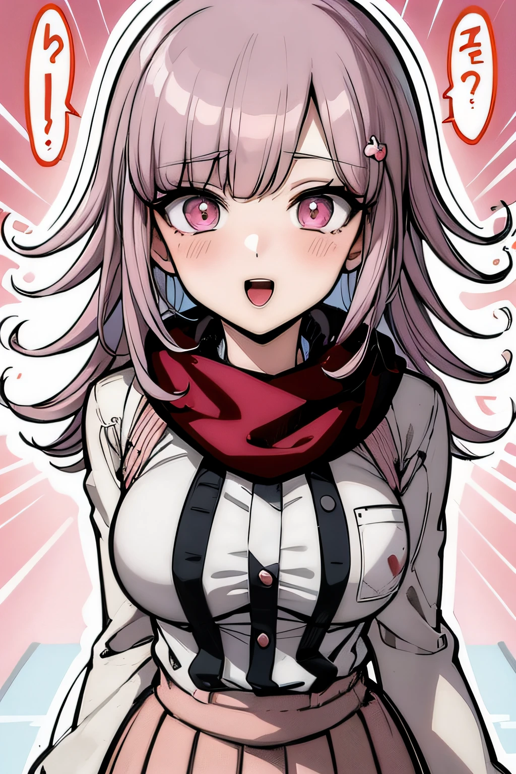 a cartoon girl with long hair and a scarf on, junko enoshima from danganronpa, akane owari danganronpa, chiaki nanami from danganronpa, anime visual of a cute girl, gapmoe yandere, yandere intricate, yandere, anime moe artstyle, digital art from danganronpa, soft smile, heart eyes, happy, smile, hair pins, star stickers, heart stickers, star cheeks, hair pin