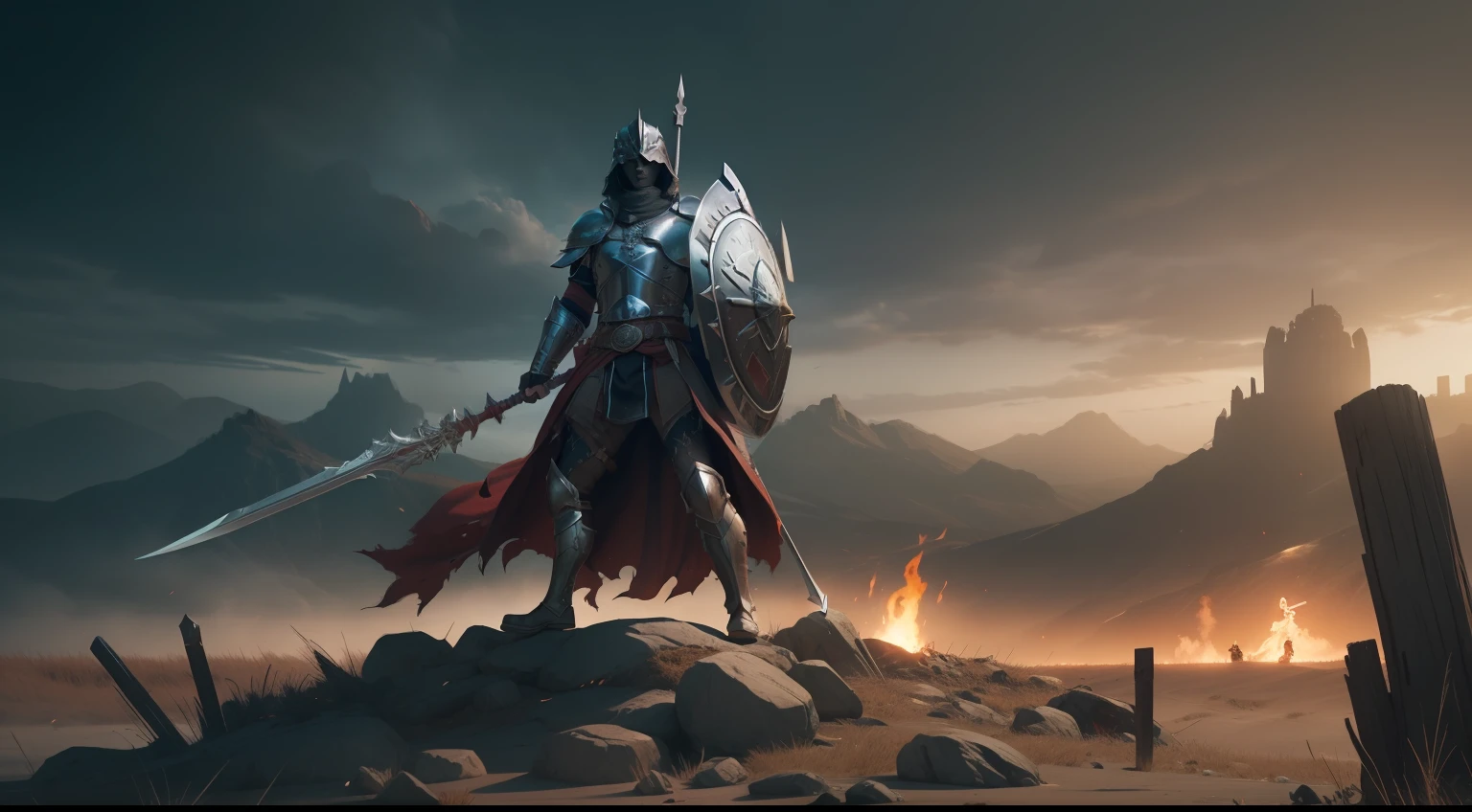(spearman), ((armed with spear and shield)), spear, shield, long pike, full body, action pose, plate armor, standing on top of the skull pile, torn red cloak, wearing mace on the belt, low angle shot, burning hell background, gray overcast sky with a red tint, unity HDRP, unreal engine, raytracing, ultra detailed, masterpiece