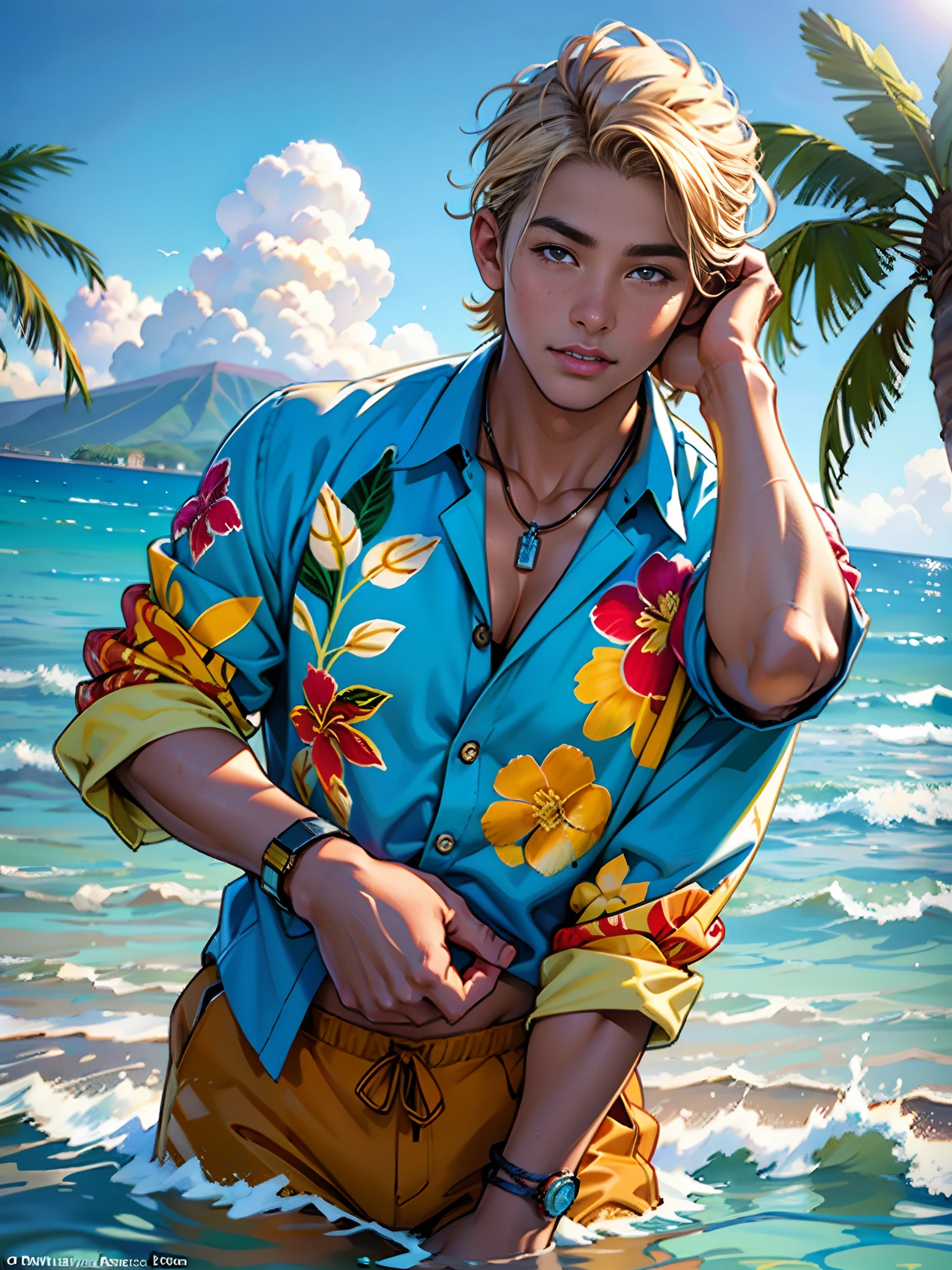 Hawaii Lahaina burning, painting from the water view, style by Jaime Frias, Best quality, realistic, award-winning illustration in color, (complicated detail: 1.2), (fine detail)