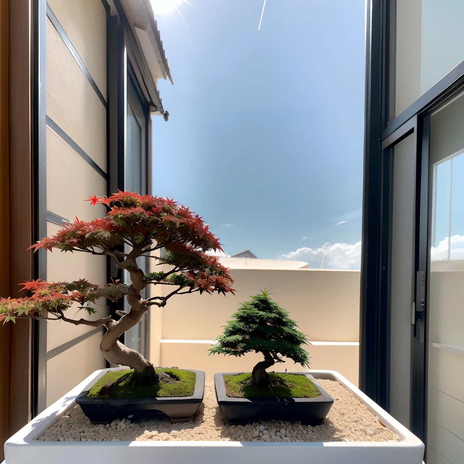 (A miniature Acer Palmatum bonsai: 1.4), en el balcon de un edificio, piso 3 al amanecer de invierno con nieve: 0.1, Nubes cirrus en el cielo, ((ray traced: 1.5))