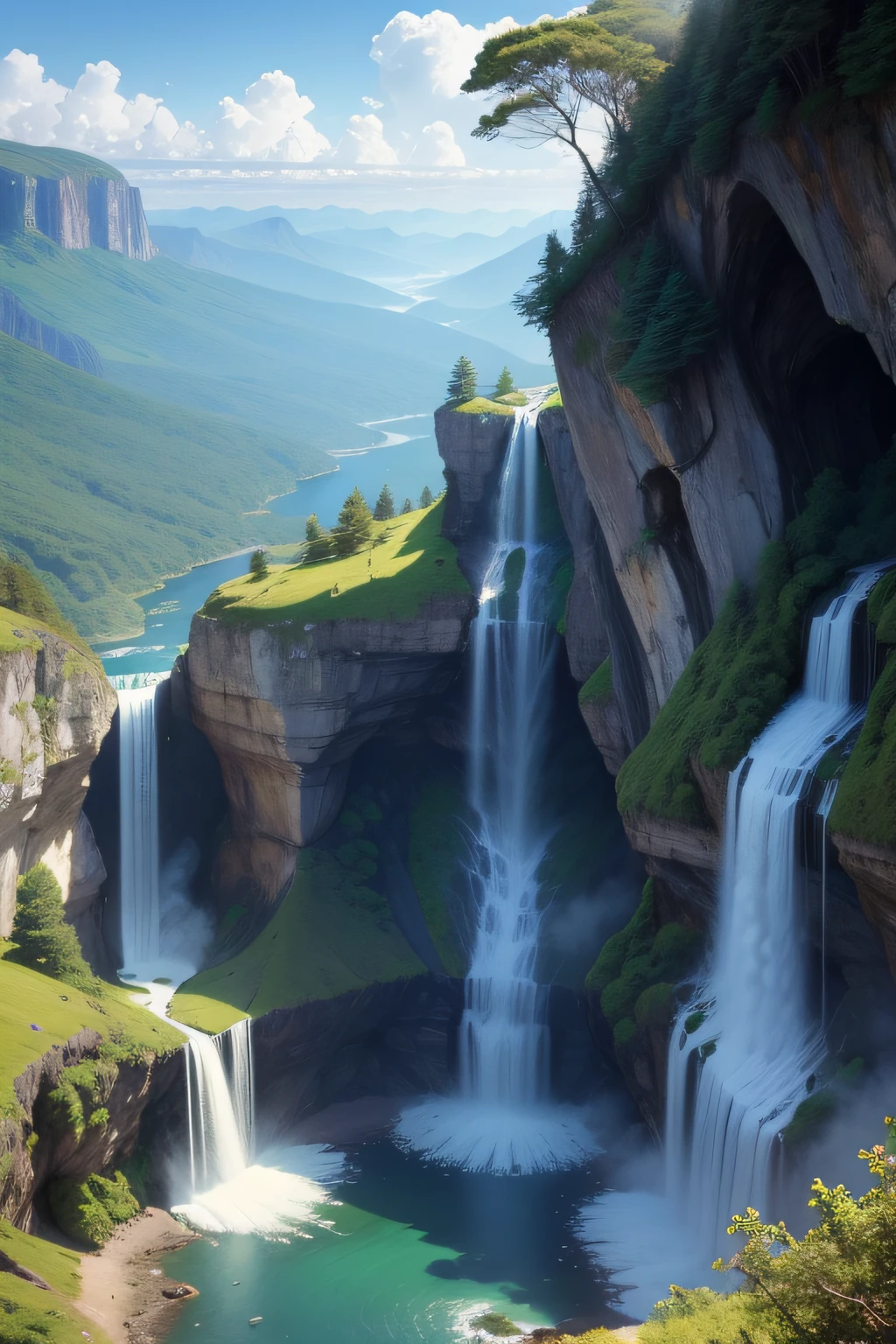criar uma paisagem com vista de penhascos, trees and waterfall