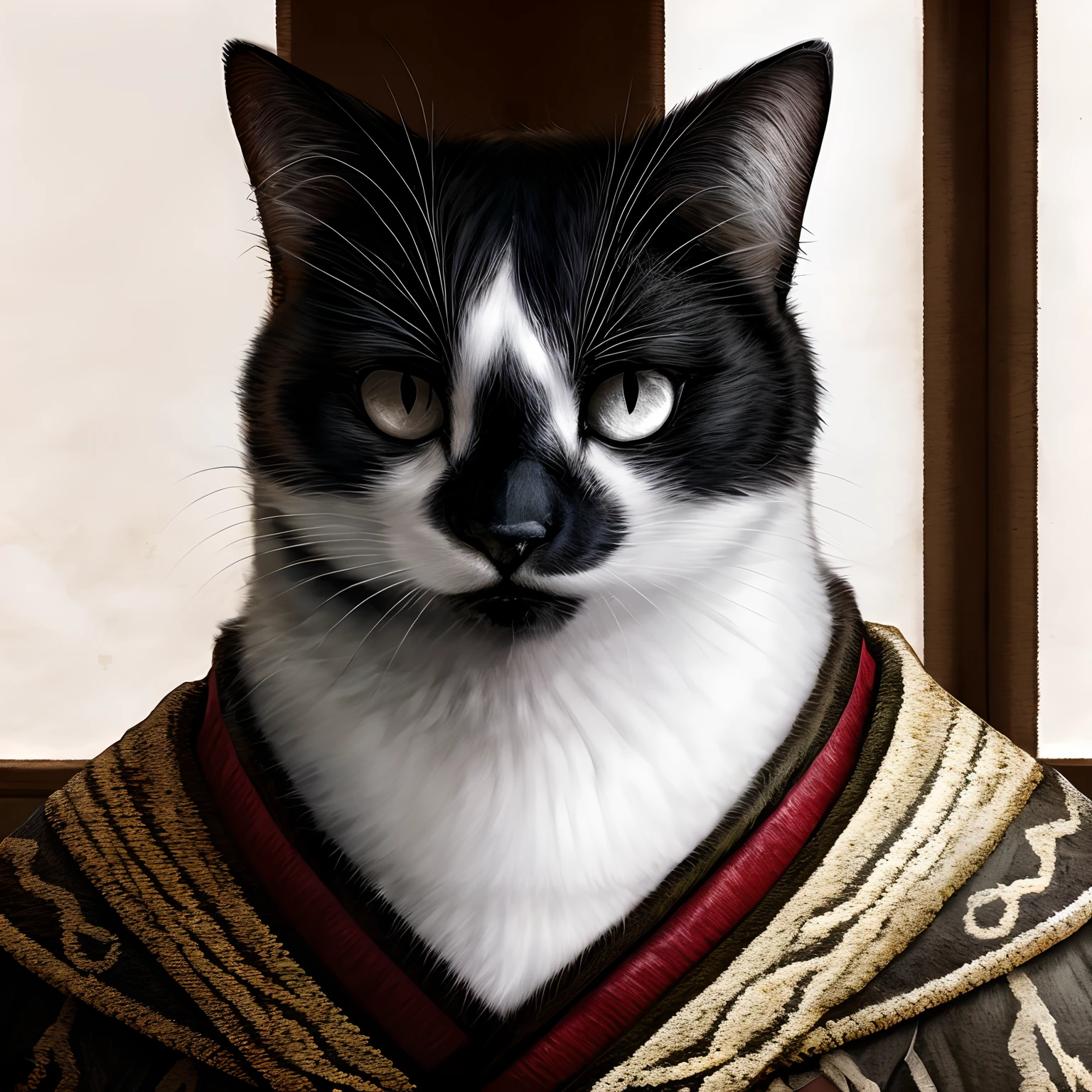 Leo, anthropomorphic black and white cat, cat anatomy, standing upright, fluffy, wearing elegant red samurai armor, in a battlefield, realistic, high quality, detailed face, detailed eyes, masterpiece, in a giant Japanese palace, close up