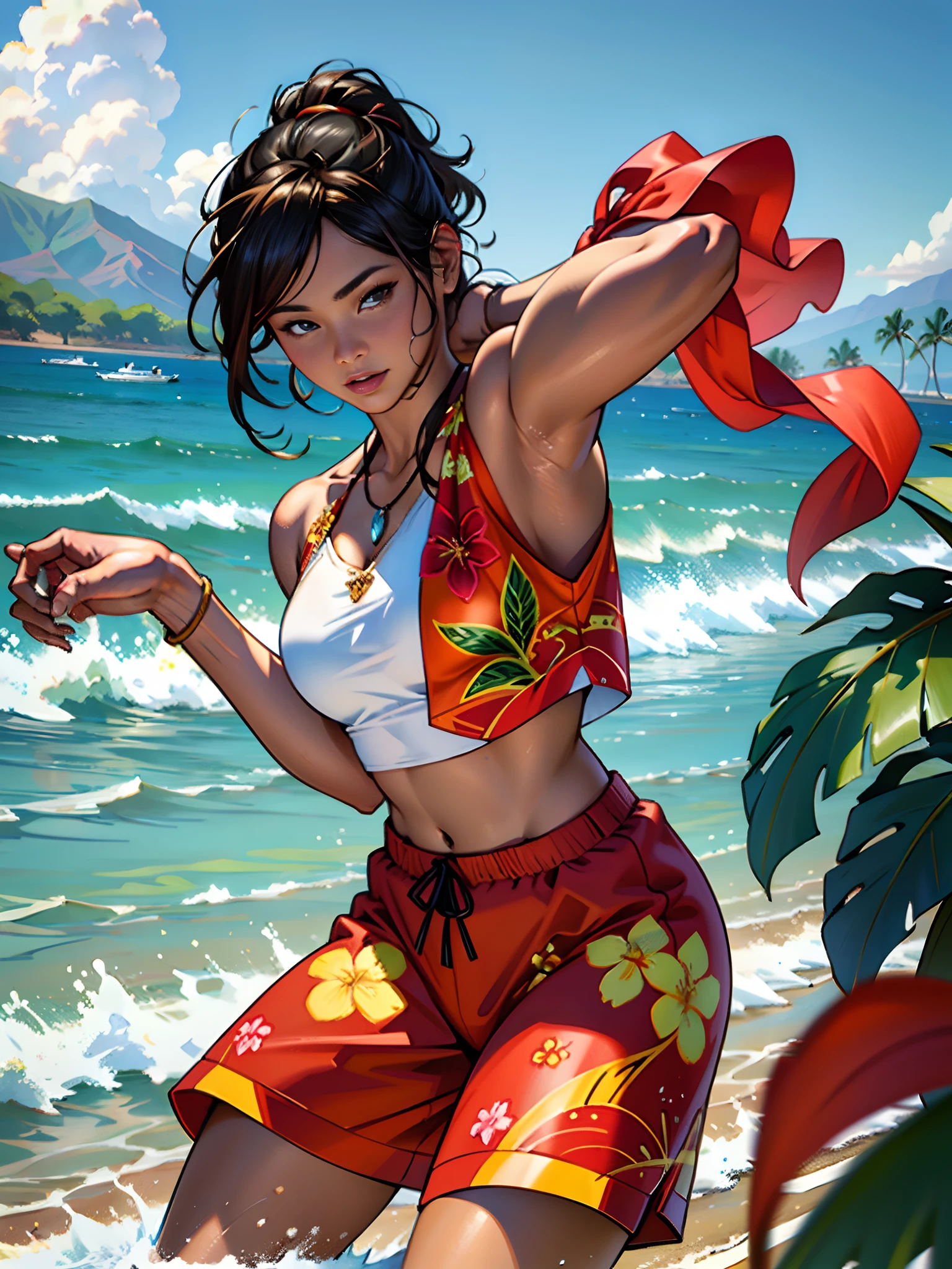 Hawaii Lahaina burning, painting from the water view, style by Jaime Frias, Best quality, realistic, award-winning illustration in color, (complicated detail: 1.2), (fine detail)