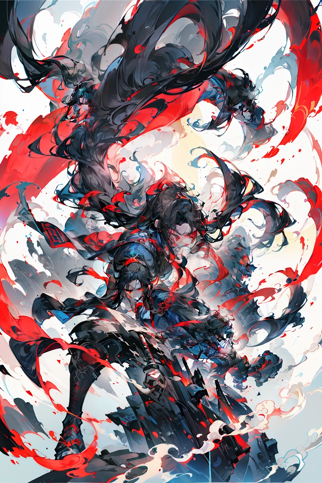 with long black hair,Red-eyed age boy,Stand on an empty street at night,extreme hight detail,Blue jacket,Black Hakama,Holding a giant blood-colored scythe in one hand
