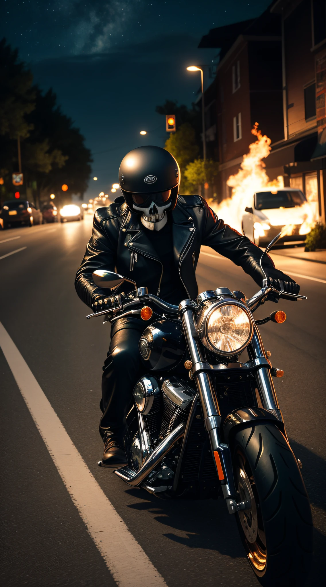 Ghost Rider on a fiery motorcycle
