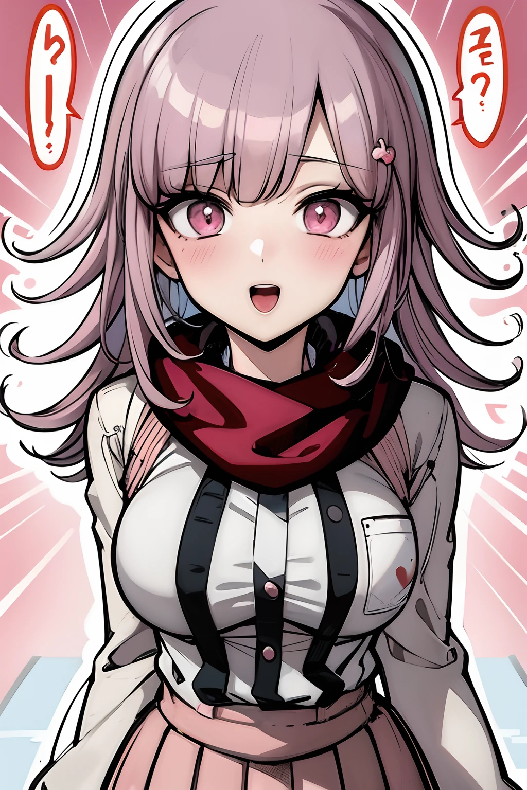 a cartoon girl with long hair and a scarf on, junko enoshima from danganronpa, akane owari danganronpa, chiaki nanami from danganronpa, anime visual of a cute girl, gapmoe yandere, yandere intricate, yandere, anime moe artstyle, digital art from danganronpa, soft smile, heart eyes, happy, smile, hair pins, star stickers, heart stickers, star cheeks, hair pin