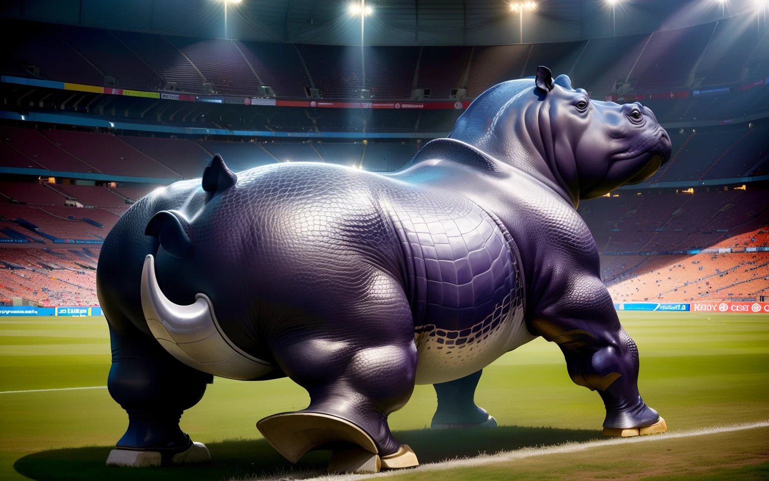 A hippopotamus with a butt with a shit at the Maracanã stadium in Paris