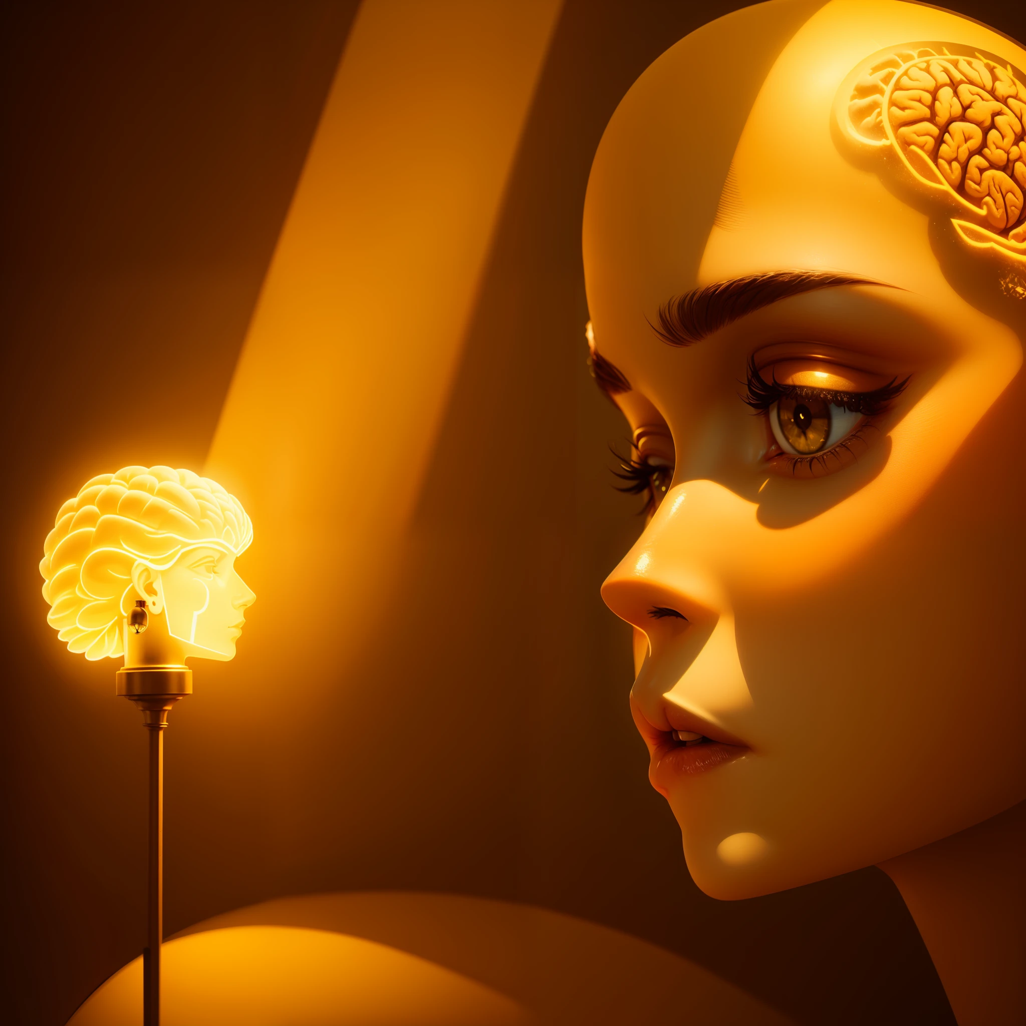 Logo marca amarelo, duas face de perfil escuro. With a lamp in the middle in the shape of a brain