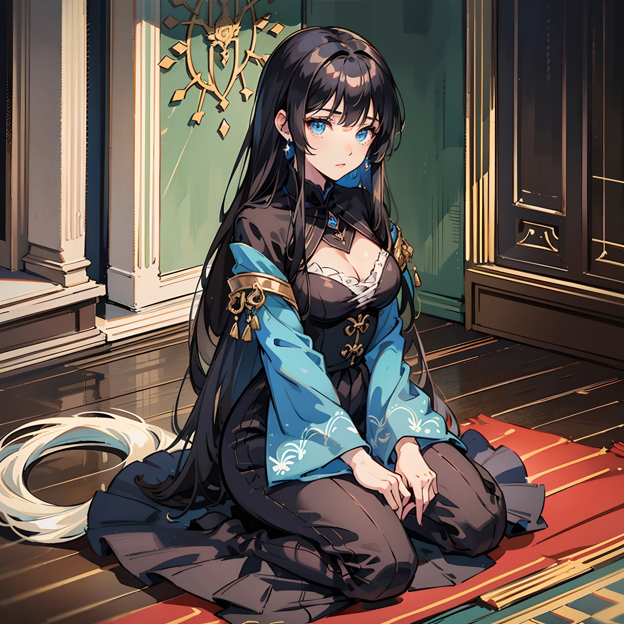 High quality, anime style, black hair, blue eyes, black silk, period costume, high cold, kneeling posture, royal sister, bangs, tight, breeze, exposed