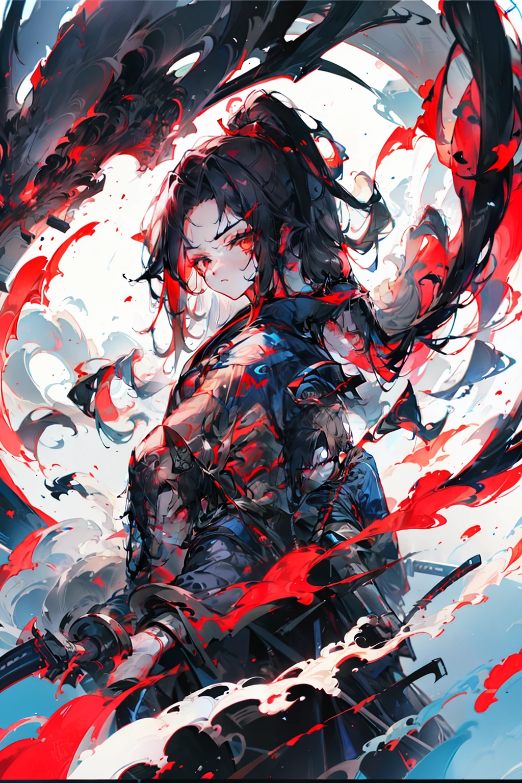 with long black hair，Red-eyed teenage boy，Stand on an empty street at night，extreme hight detail，Blue jacket，Black Hakama，Holding a giant blood-colored scythe in one hand