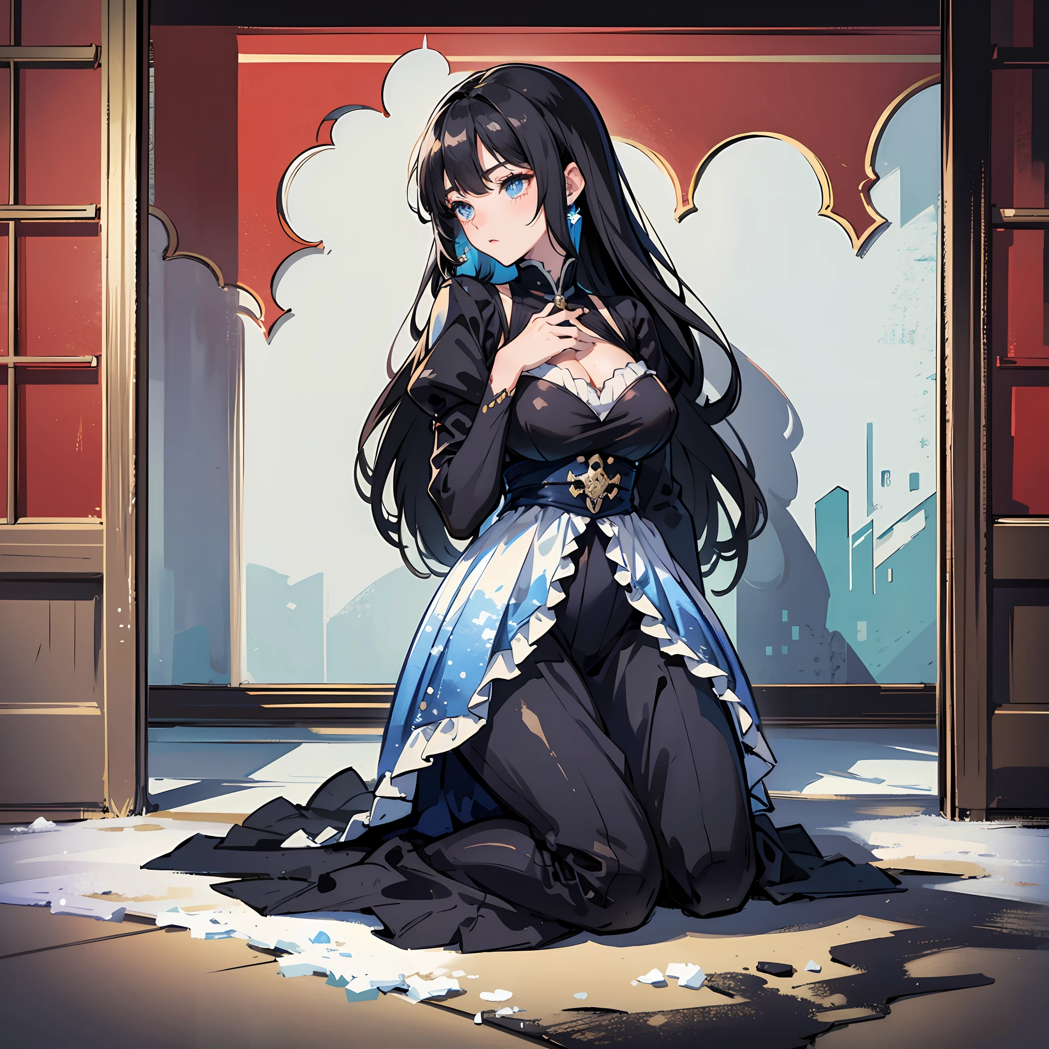 High quality, anime style, black hair, blue eyes, black silk, period costume, high cold, kneeling posture, royal sister, bangs, tight, breeze, exposed