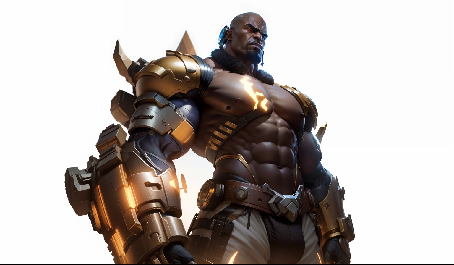 Retrato, Doomfist, Grandeur, poder musculoso, olhar penetrante, cybernetic prosthesis, luva, energia pulsante, Technological environment, lighting dramatic, Realstic, vida real, 3D, fundo paisagem praia