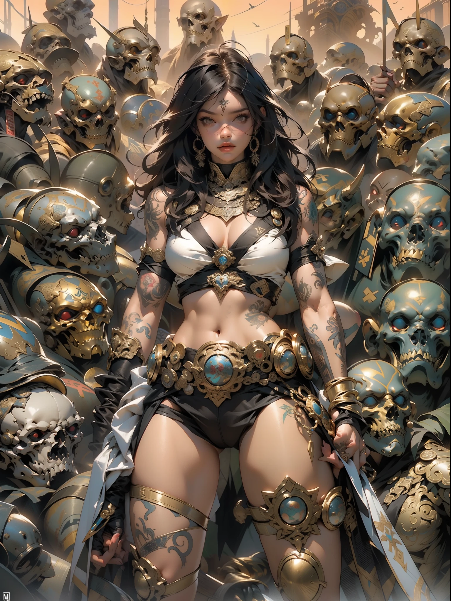 (((mulher))), (((melhor qualidade))), (((obra prima))), (((adulta))), Uma guerreira mulher de 35 anos com corpo perfeito, Brooklyn Gladiators, (( under boobs )), quase nua no estilo selvagem urbano de Simon Bisley para a capa da revista Heavy Metal, cabelo loiro, Minimum clothing, ((( sexy ))), armadura, cheio de pontas e rebites, tatuagem tribal, (((do joelho pra cima))), cabelo desalinhado
