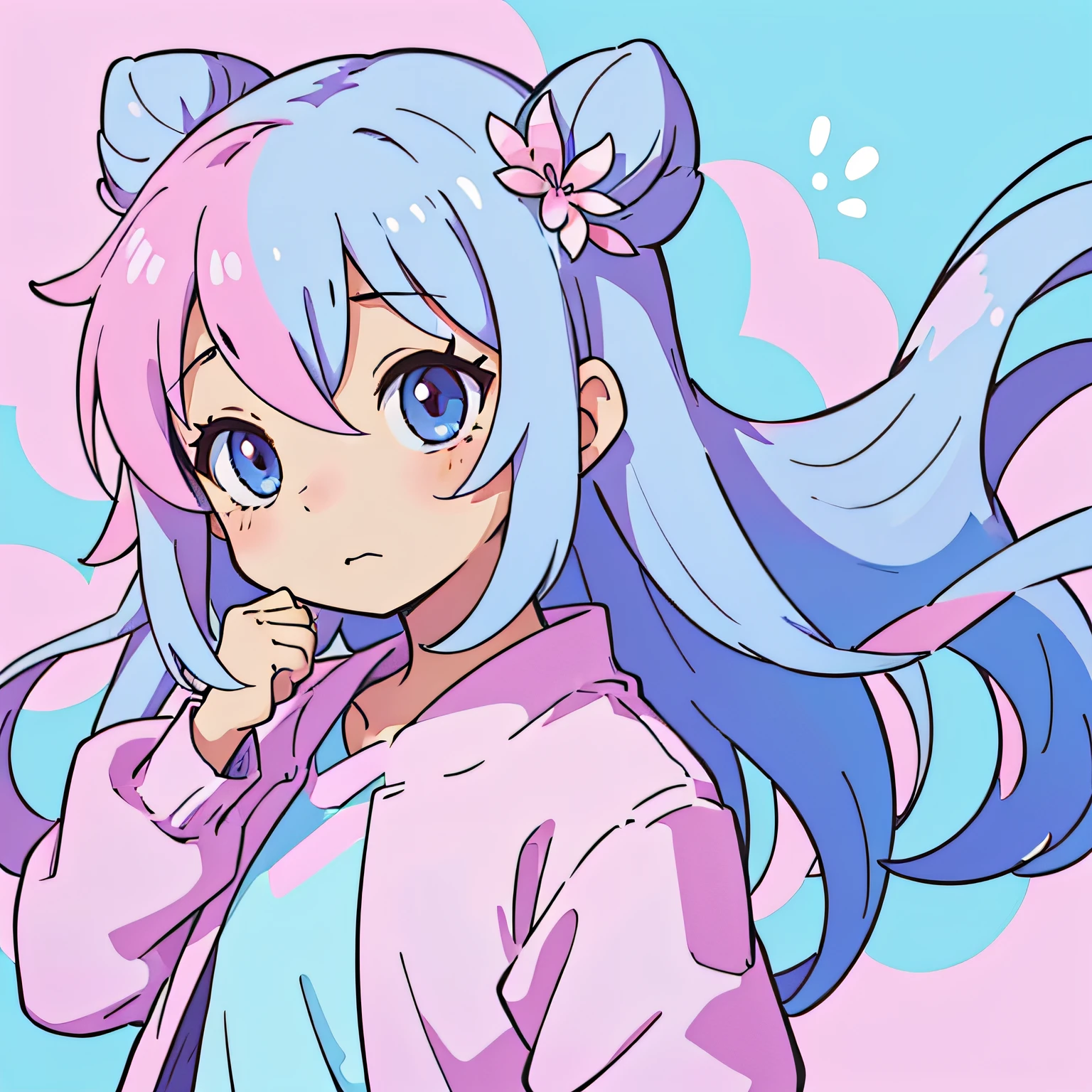cute little、One anime character、The main colors are pink and light blue、PastelColors、simple background