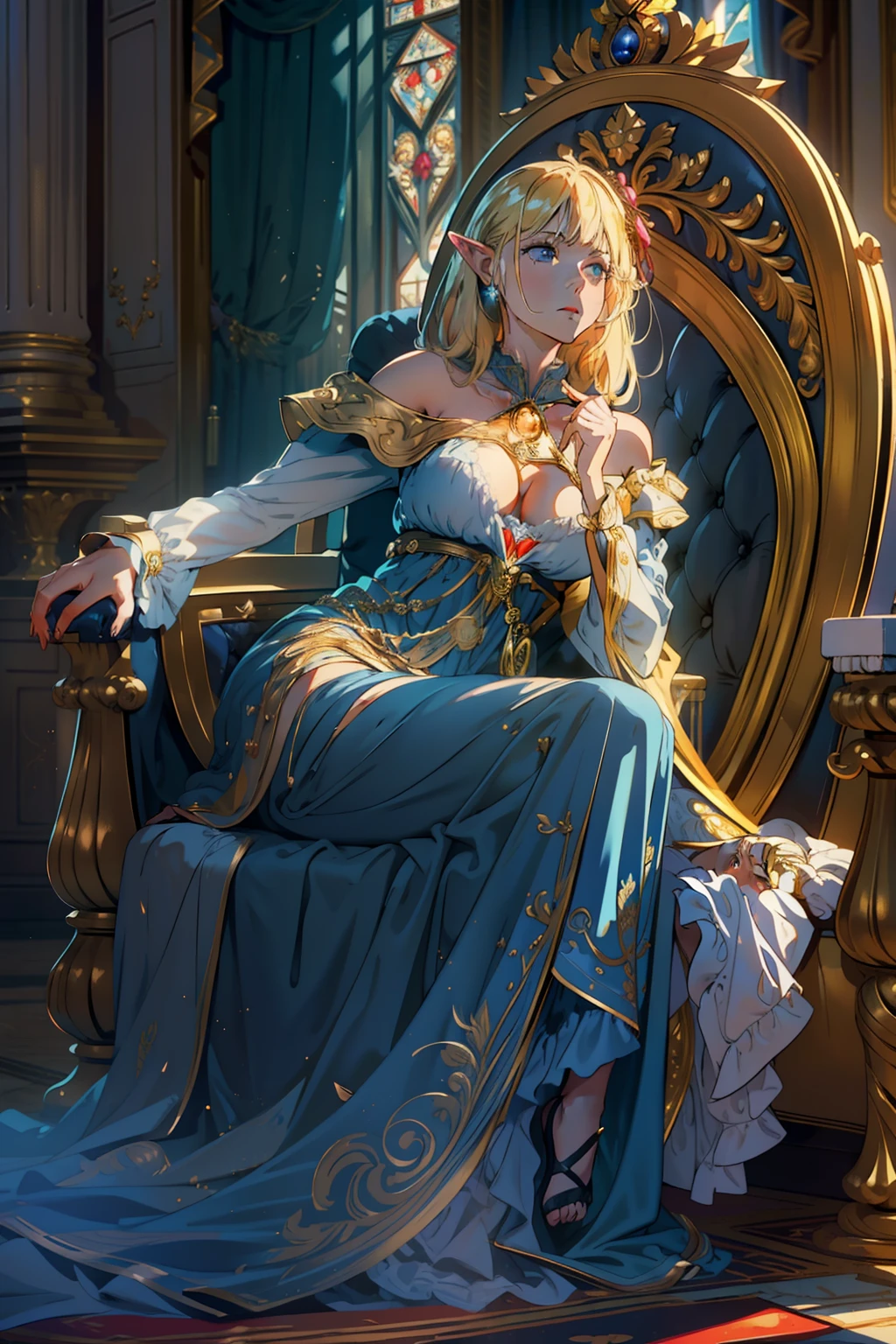 (Realistic), (Highres), 4K, 8K, Detailed Illustration, Ultra-Detailed, Ambient Light, Backlighting, Realistic Shadows, Glowing Particles, Light Particles, Digital Art, Detailed Face, Detailed Hair, (Hyper-Detailed Eyes:1.2), Soft Light, Soft Lighting, (Outdoors:1.15), Renaissance, Renaissance Architecture, Hyper Detailed Architecture, Vintage Windows, Red Curtains, (Throne:1.4), (Sitting on Throne:1.2), Front, Frontal, Huge Throne, Ornate Throne, Royal Throne, Massive Throne, (Blonde Hair:1.15), Bangs, Shiny Hair, short braids, Blue Eyes, Closed Mouth, Dignified Expression, Emotionless, Calm, Confident (Solo:1.4), Mature Female, Sexy Elf Woman, Full Body, Toned Thighs, Narrow Waist, Round Hips, (Huge Perky Breasts:1.1), Crossed Legs, (Crossed Arms:1.1) (Elegant Blue Dress:1.1), Ornate Clothes, Ornate Dress, (Blue Off-Shoulder Dress:1.1), Bare Shoulders, Skindentation, (Blue Dress:1.1), (White Puffy Sleeves, Long Sleeves, Juliet Sleeves:1.1), Long Sexy Dress, cleavage, covered , (Ballroom Gown:1.3), (Frilled Dress:1.3), (Jewelry:1.15), Collar, Gorget, Gold-Trim, Regalia, Knight (NSFW 1.1)