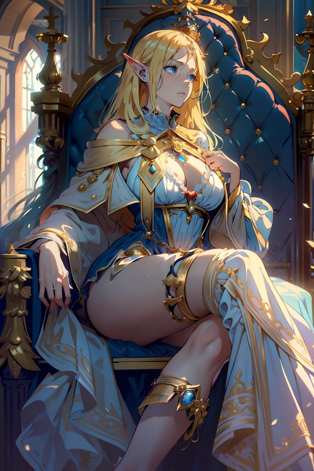 (Realistic), (Highres), 4K, 8K, Detailed Illustration, Ultra-Detailed, Ambient Light, Backlighting, Realistic Shadows, Glowing Particles, Light Particles, Digital Art, Detailed Face, Detailed Hair, (Hyper-Detailed Eyes:1.2), Soft Light, Soft Lighting, (Outdoors:1.15), Renaissance, Renaissance Architecture, Hyper Detailed Architecture, Vintage Windows, Red Curtains, (Throne:1.4), (Sitting on Throne:1.2), Front, Frontal, Huge Throne, Ornate Throne, Royal Throne, Massive Throne, (Blonde Hair:1.15), Bangs, Shiny Hair, short braids, Blue Eyes, Closed Mouth, Dignified Expression, Emotionless, Calm, Confident (Solo:1.4), Mature Female, Sexy Elf Woman, Full Body, Toned Thighs, Narrow Waist, Round Hips, (Huge Perky Breasts:1.1), Crossed Legs, (Crossed Arms:1.1) (Elegant Blue Dress:1.1), Ornate Clothes, Ornate Dress, (Blue Off-Shoulder Dress:1.1), Bare Shoulders, Skindentation, (Blue Dress:1.1), (White Puffy Sleeves, Long Sleeves, Juliet Sleeves:1.1), Long Sexy Dress, cleavage, covered , (Ballroom Gown:1.3), (Frilled Dress:1.3), (Jewelry:1.15), Collar, Gorget, Gold-Trim, Regalia, Knight (NSFW 1.1)