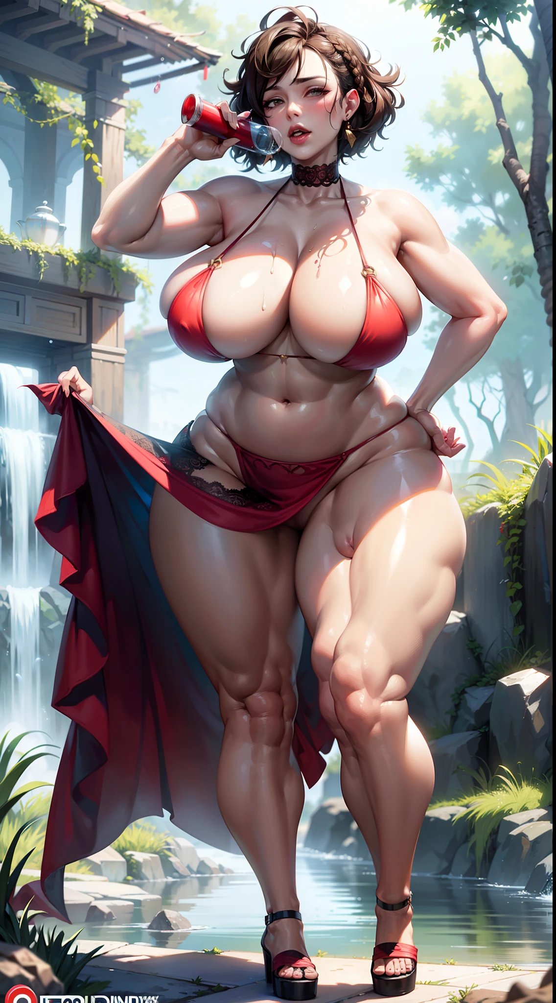 Hot mom，独奏，（：1.3），thick thight，upper legs，Wide buttock，dent in the skin，Double tail，short detailed hair，curlies，ssmile，cheerfulness，（Red lace apron：1.2），cparted lips，plumw，exposed midriff，protruding areolas，gigantic cleavage breasts，4K，realistic humid skin，Armpits，Large curved hips，a variety of poses，Stick out a very long tongue，Fleshy figure，with perfect legs，Hypertrophic，protruding areolas，Bronzed skin，Detailed lips，bubble butt，Dewy，mouth drool，Lick，Place your fingers between your legs，Hungry and thirsty housewives，erected，Wrinkles，Eyes look at the lens，A shy look，Blushing aunt，Two braids，Smooth skin，Very meticulous clothes，Intriguing set，extremly high detail，A detailed face，Gloss on lips，Bronze，Water's Edge，waterfallr，bonfires，super breasts，Feminine and colorful