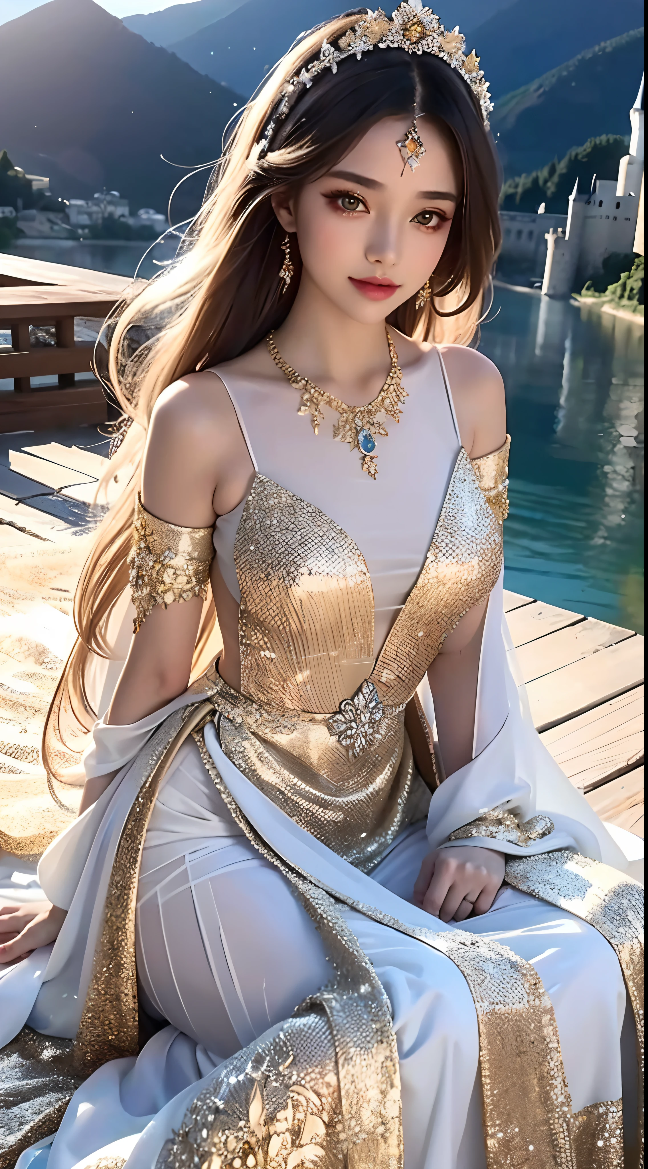 4K Ultra HD, Masterpiece, Cute s, Nice face, Detailed Eyes, Liquid Lipstick, Long hair, Hair spreads, necklaces, beautiful dress, long dress, wedding dress, Gold color, highlights, lighting effects, glittering, realistic background, Natural background, blossom, sunlights, mountains, Full-body capture, The bridge is visible, In the castle