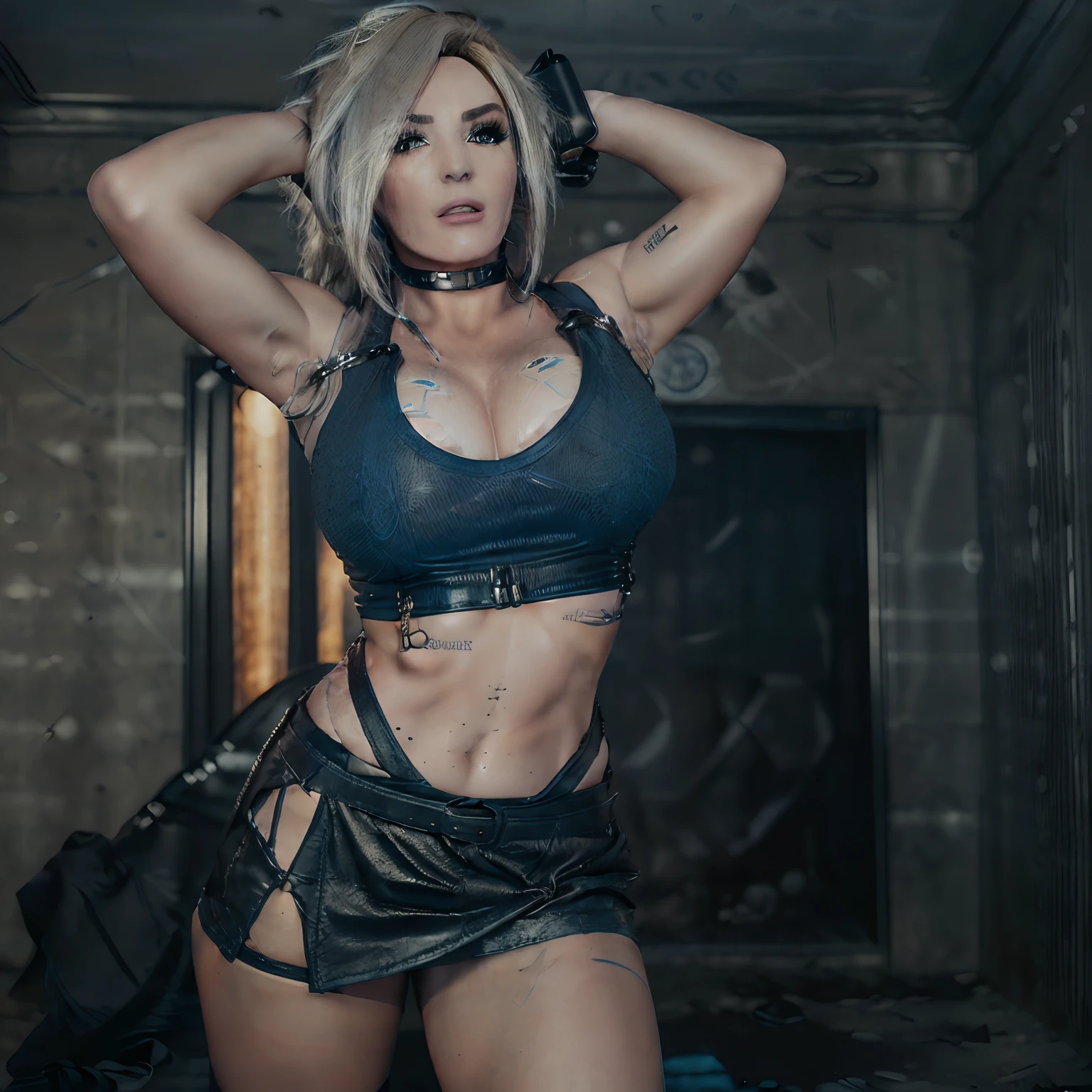masterpiece, Best Quality, High resolution, 32K HDR, (Realistic photos of Jessica Nigri:1.5), (ultra detailed face:1.3, ultra realistic textures:1.25), Photorealistic, (Atmospheric lighting), Shot with Aricum LT camera, (Jill Valentine cosplay:1.1, torn clothes:1.8, blue tank top:1.3, black leather skirt:1.4, equipped gun belt on waist:1.25, nighttime scene:1.9, fighting pose in A realistic gun shop:1.4, in an abandoned city:1.4), (huge tits:1.35, Realistic nipples :1.15),