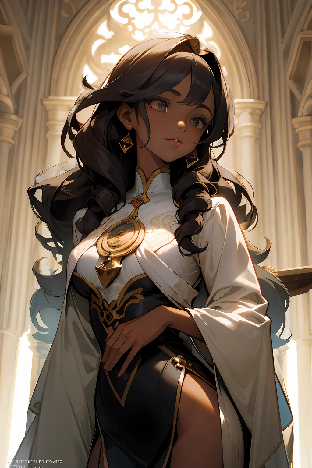 Please remove the current illustration and create a new one set in a medieval scene. Create an illustration of a confident young female human with rich ebony skin, radiating strength and individuality. Her skin tone ranges from deep and velvety to shades of mahogany, conveying a sense of pride and beauty. The character's expression should reflect her unique persona, capturing the essence of her dark-toned complexion and self-assured demeanor.
Her hair is a crown of voluminous, curly locks that frame her face with grace, celebrating the beauty of natural hair. The curls form intricate patterns that add to her charm. The character's attire consists of a tasteful and elegant medieval-inspired ensemble. The gown, made from quality materials, flows gracefully without excessive extravagance. The design showcases her regal presence while maintaining a dignified and modest appearance.
With a slim, youthful physique reminiscent of an 18-year-old, her proportions are natural and authentic, enhancing her beauty in a realistic way.
The artwork should be detailed, capturing the interplay of light and shadow on the skin, hair, and attire to convey depth and personality. This portrayal will emphasize her individuality and confident presence in a way that is respectful and true to her character, all set in a medieval backdrop.
