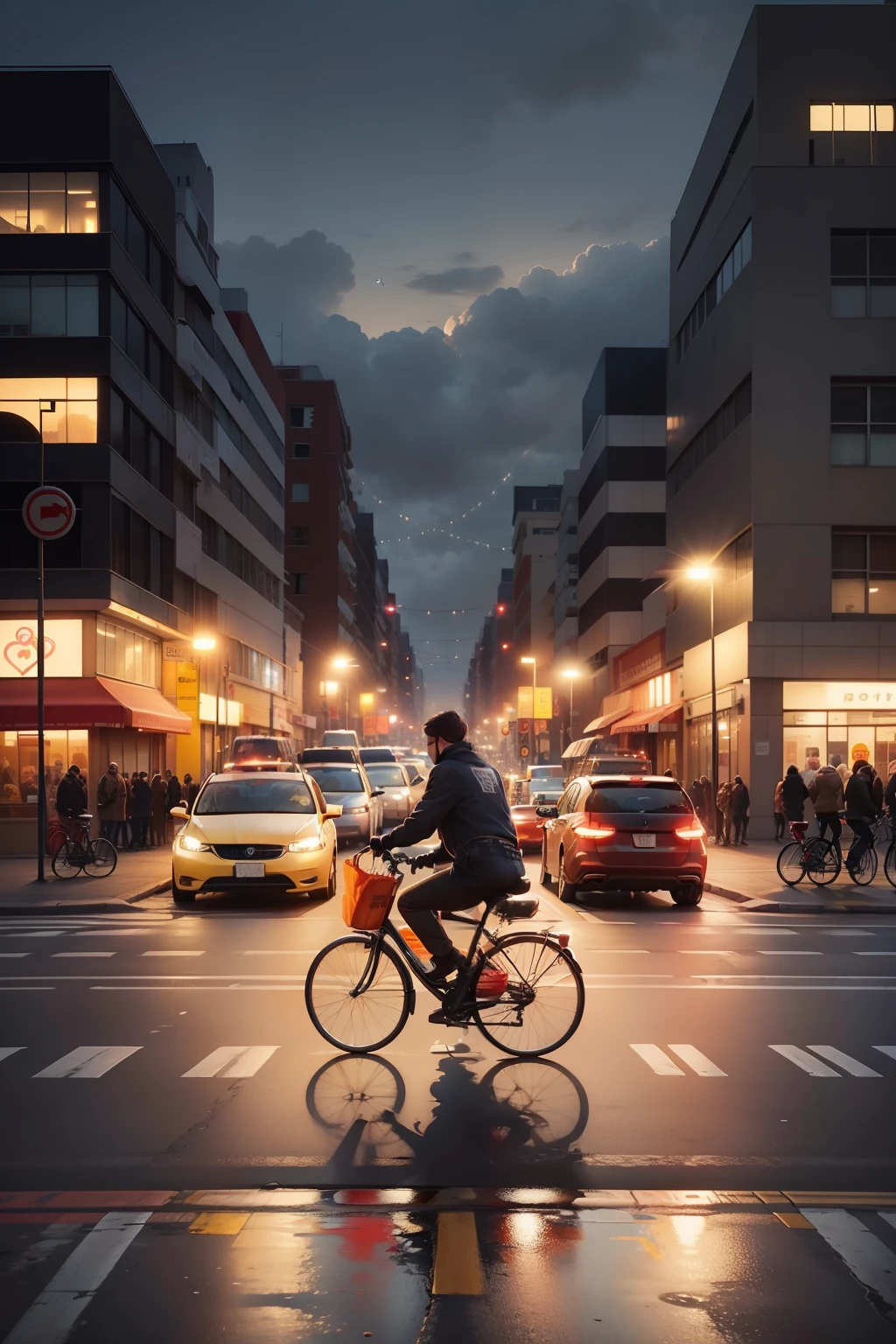 Draw a traffic scenario with different vehicles such as cars, bicycles and pedestrians. Highlight a vehicle giving way to a pedestrian at the crosswalk. Around this scene, draw hearts or stars to symbolize the idea of sharing good examples and spreading good deeds on the road.