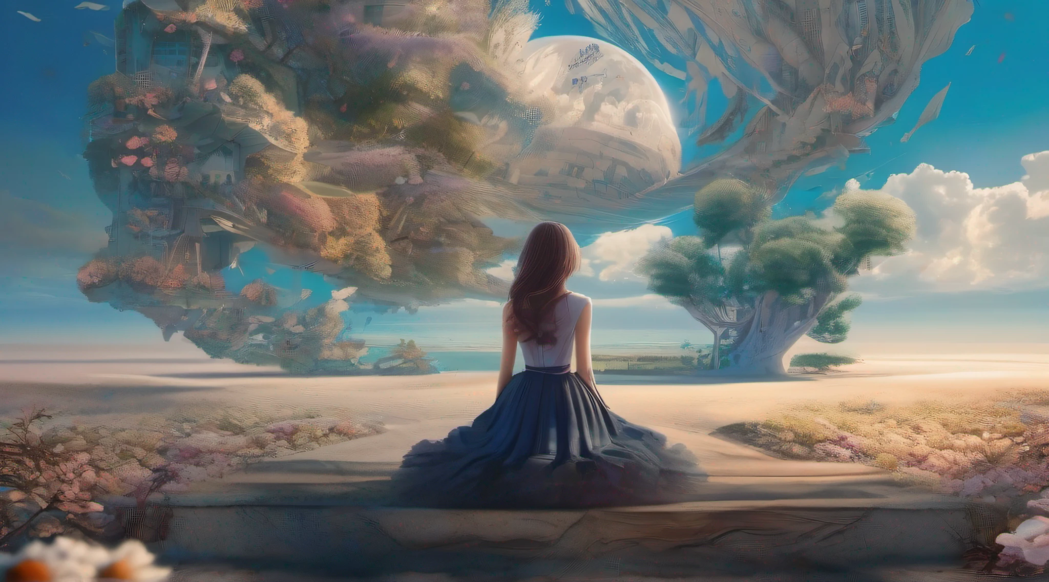ccurate, best quality, masterpiece, UHD, high details, award winning, (Amazing:1.1), (Surrealism), Conceptual art, Verism, cinematic lighting, panorama, beautiful high school girl, (17 yr old), ((((full body)))), from behind, without looking at me, (((wearing school uniform))), black eyes, black hair, (floating hair), ((8 life size)), detailed hairstyles, detailed bodyline, anatomically correct, (((she is lost in a surreal world of dreamlike landscapes))), A floating island in the sky, ruins street, shallow sea, Horizon, ((beautiful Blue sea)), blue sky, paradise scenery, flowers, wind flow, (((fantasy))), frontier, (magnificent space),