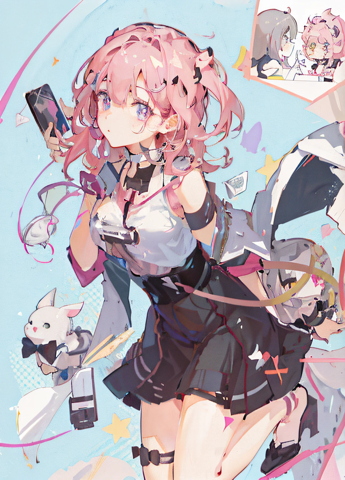 Anime girl with pink hair and black dress holding mobile phone, Best anime 4k konachan wallpaper, clean and meticulous anime art, Detailed key anime art, Pisif style, anime illustration, zerochan art, high detailed official artwork, An anime cover, trending on artstation pixiv, Anime style illustration, Pisif, portrait of magical girl, Pisif Contest Champion