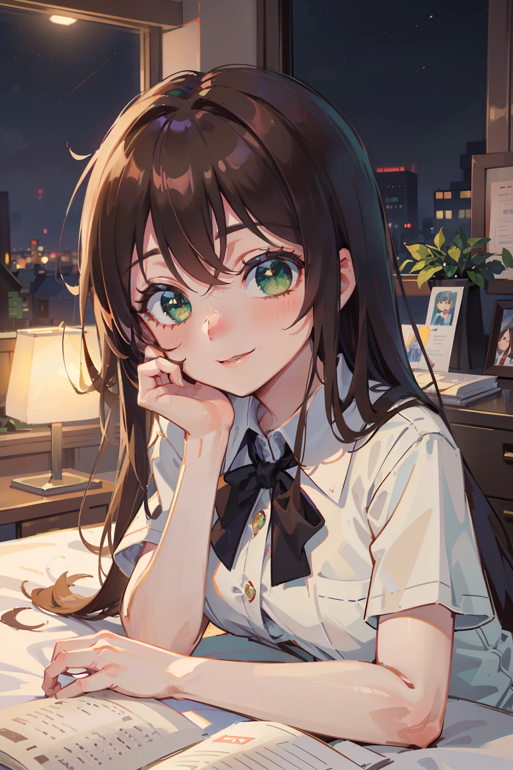 (masterpiece), best quality, beautiful detailed hair detailed face, ultra high res, sharp focus, ((1 woman, solo)), perfect feminine face, upper body, medium close-up, dutch angle, (at the night time:1.5), in the bedroom, sitting on the bed, ((beautiful shape eyes, green eyes)), chesnut brown hair, flowing long hair, smiles, (office uniform:1.2)