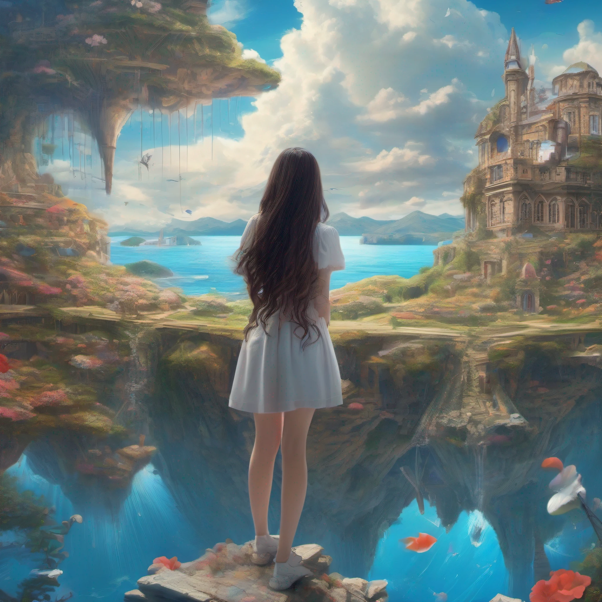 ccurate, best quality, masterpiece, UHD, high details, award winning, (Amazing:1.1), (Surrealism), Conceptual art, Verism, cinematic lighting, panorama, beautiful high school girl, (17 yr old), ((((full body)))), from behind, without looking at me, (((wearing school uniform))), black eyes, black hair, (floating hair), ((8 life size)), detailed hairstyles, detailed bodyline, anatomically correct, (((she is lost in a surreal world of dreamlike landscapes))), A floating island in the sky, ruins street, shallow sea, Horizon, ((beautiful Blue sea)), blue sky, paradise scenery, flowers, wind flow, (((fantasy))), frontier, (magnificent space),