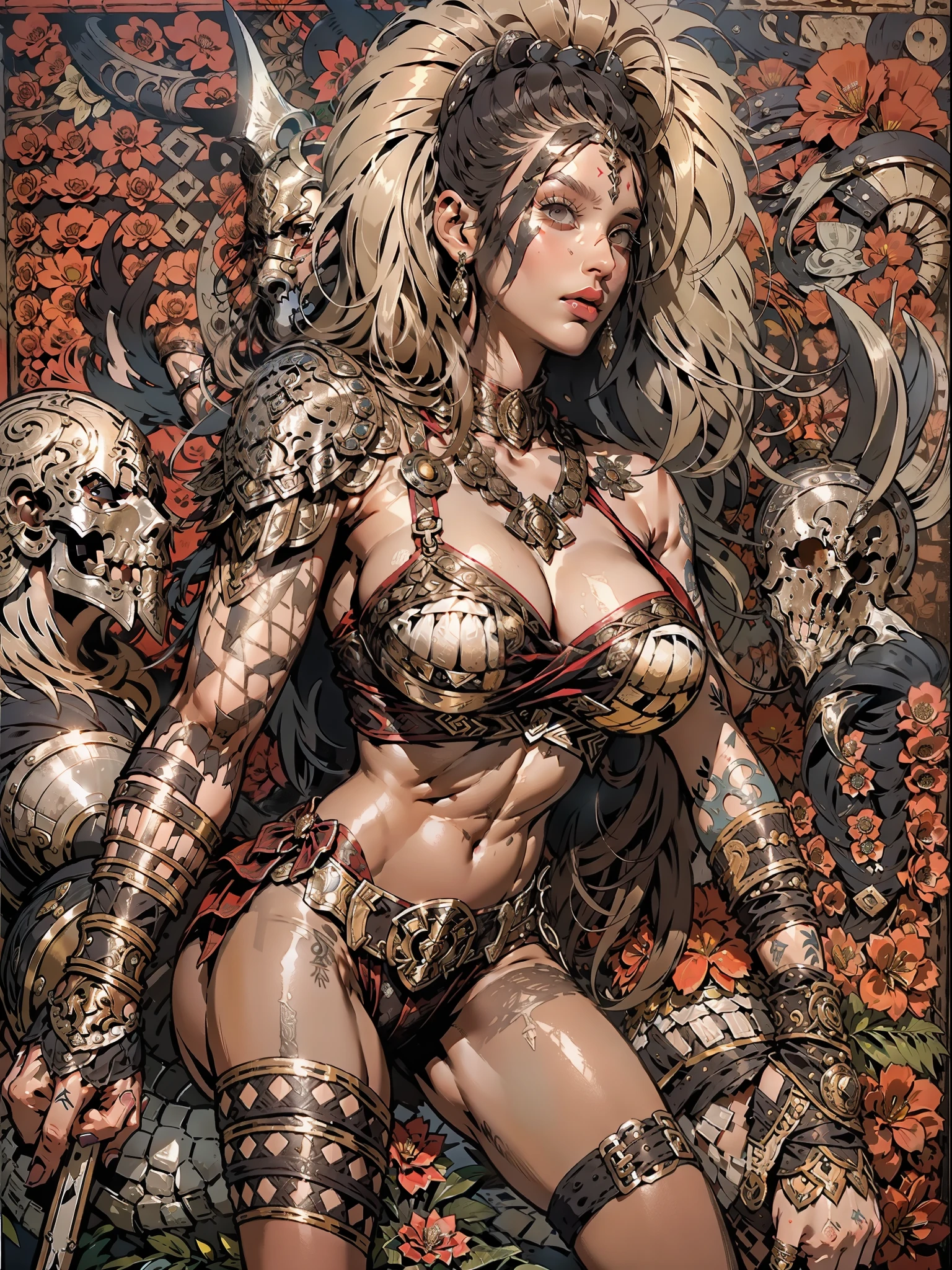 (((mulher))), (((melhor qualidade))), (((obra prima))), (((adulta))), Uma guerreira mulher de 35 anos com corpo perfeito, Brooklyn Gladiators, (( under boobs )), quase nua no estilo selvagem urbano de Simon Bisley para a capa da revista Heavy Metal, cabelo loiro, Minimum clothing, red and white checkered pattern, armadura, cheio de pontas e rebites, tatuagem tribal, (((do joelho pra cima))), cabelo desalinhado