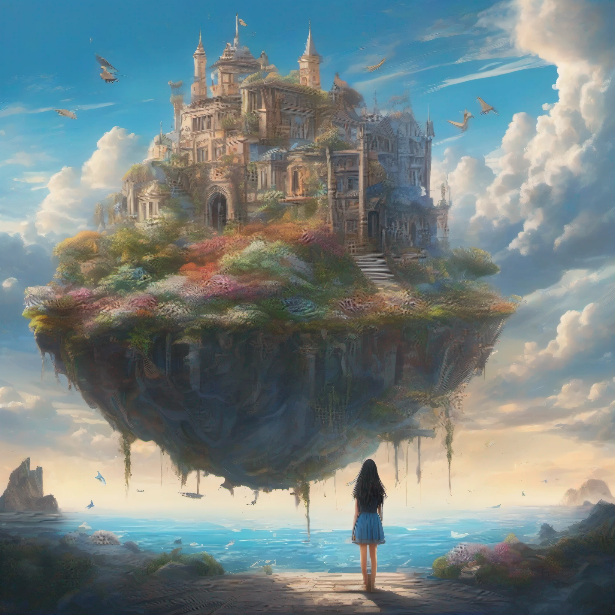 ccurate, best quality, masterpiece, UHD, high details, award winning, (Amazing:1.1), (Surrealism), Conceptual art, Verism, cinematic lighting, panorama, beautiful high school girl, (17 yr old), ((((full body)))), from behind, without looking at me, (((wearing school uniform))), black eyes, black hair, (floating hair), ((8 life size)), detailed hairstyles, detailed bodyline, anatomically correct, (((she is lost in a surreal world of dreamlike landscapes))), A floating island in the sky, ruins street, shallow sea, Horizon, ((beautiful Blue sea)), blue sky, paradise scenery, flowers, wind flow, (((fantasy))), frontier, (magnificent space),