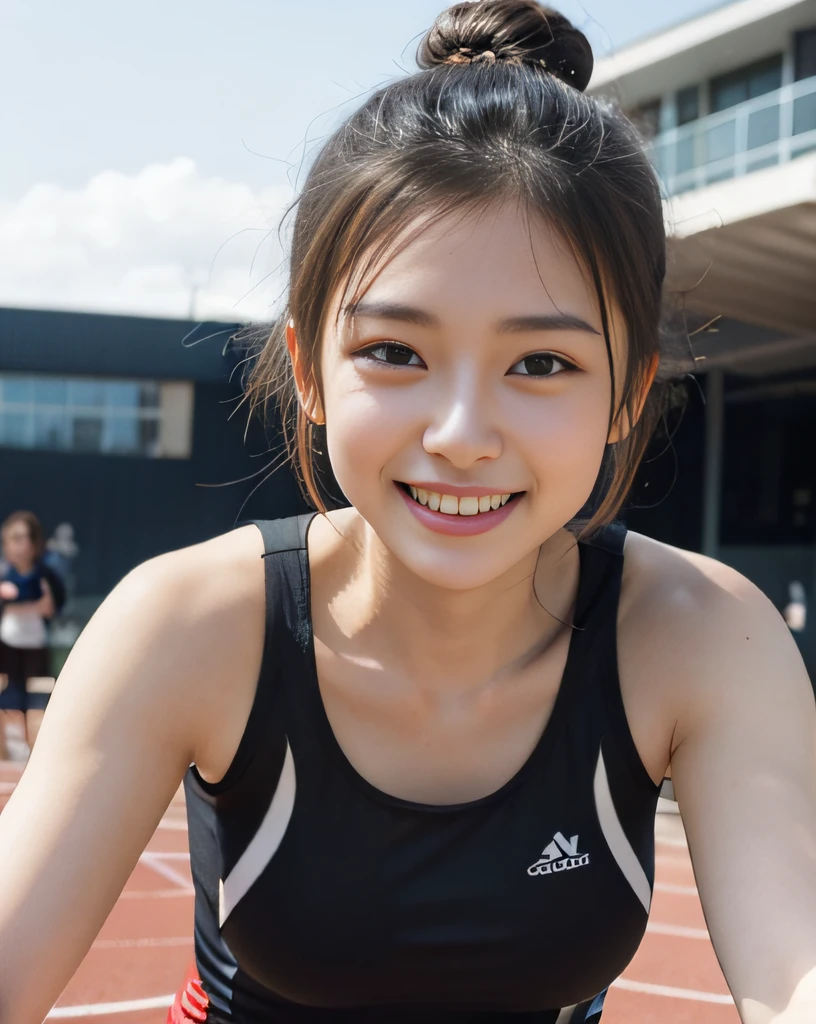 zydG, 1girls, Front view, stand, looking the viewer, exposed skin, (from below),brown-eyed, (forehead,single braid hair:1.2), (light hair), (medium breasts:1.4), smile with white teeth, (photorealestic:1.4), (Top image quality:1.0), (UltraHighResolution:1.0), 8K, Raw photography, (A masterpice:0.2), track and field uniforms, show abs, (sweat, wetty:1.1), portlate, facefocus, ful body,(pureerosface_v1:0.5), outdoor, track and field,