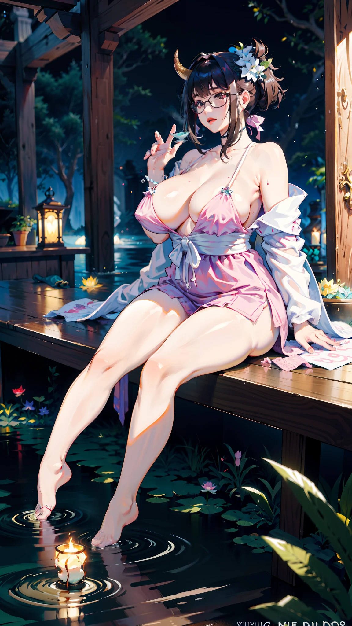 Sit by a lake full of lotus flowers，Feet playing with water，Art depicts a charming woman，Melon seed face，Dressed in a flowing manner、Silky traditional oriental dress，Long model，fiery red，Decorated with intricate patterns and bright colors。Her dress draped elegantly over her curvy figure，Highlights her seductive silhouette。She sits gracefully by the tranquil lotus lake，Feet playing with water，bathed in the soft glow of the moonlight。The scene exudes an ethereal and dreamy atmosphere，With a touch of mystery and sexiness。The image style incorporates watercolor and digital illustration techniques，It evokes a refined beauty and charm。The lights are filled with soft moonlight，casting soft highlights and shadows on her charming features。???? thighs，Three-dimensional facial features，sitted，your legs，Side braids，（extremely ???????????）），slightly fat ???????????，Enlarged ????????， succubi，Long horn，~coda，the night，bonfires，stars，?????????，tmasterpiece，Faraway view，Two pink bumps，slightly fat ???????????，fat meat，Fat super ???，florals，Inside T，Unoccluded，Petite