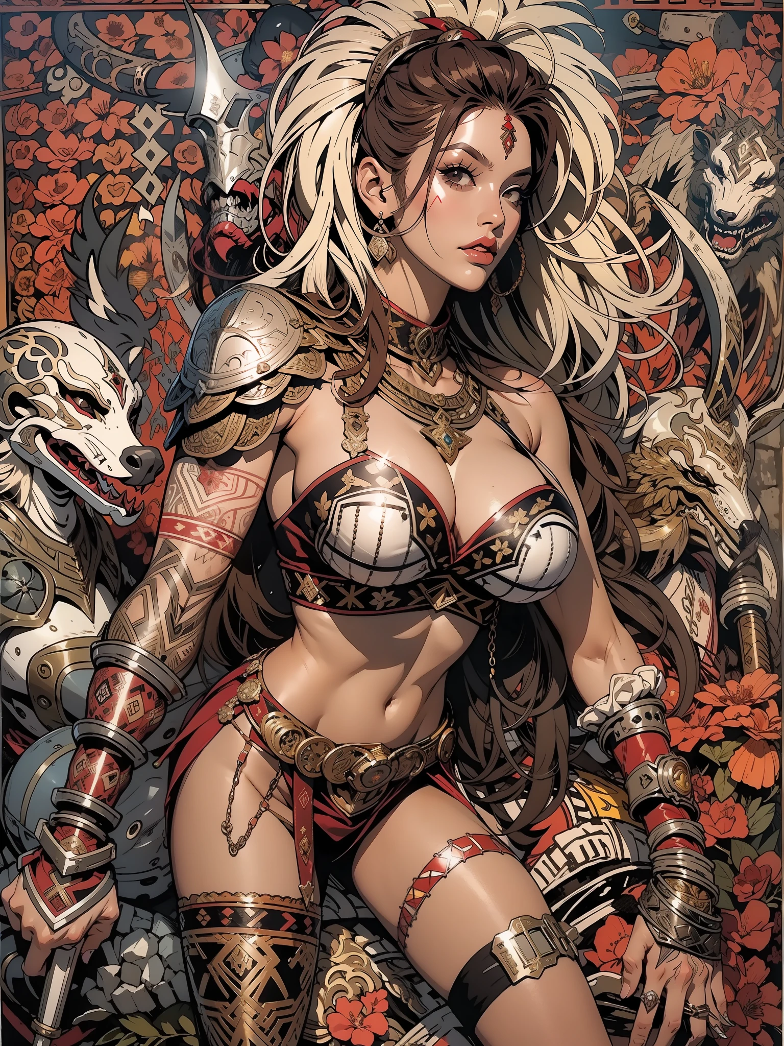 (((mulher))), (((melhor qualidade))), (((obra prima))), (((adulta))), Uma guerreira mulher de 35 anos com corpo perfeito, Brooklyn Gladiators, (( under boobs )), quase nua no estilo selvagem urbano de Simon Bisley para a capa da revista Heavy Metal, cabelo loiro, Minimum clothing, red and white checkered pattern, armadura, cheio de pontas e rebites, tatuagem tribal, (((do joelho pra cima))), cabelo desalinhado